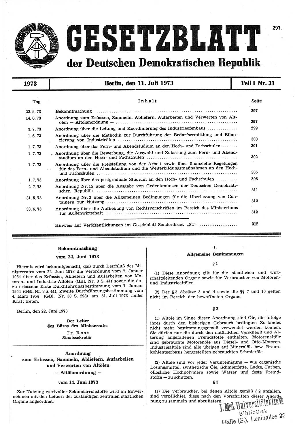 Gesetzblatt (GBl.) der Deutschen Demokratischen Republik (DDR) Teil Ⅰ 1973, Seite 297 (GBl. DDR Ⅰ 1973, S. 297)