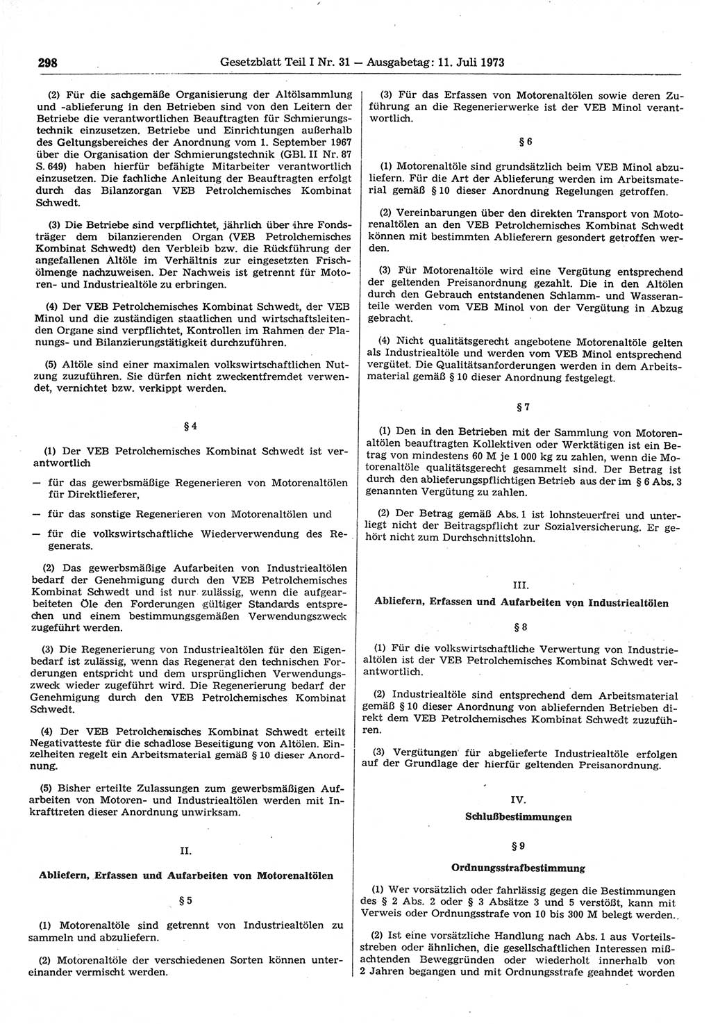 Gesetzblatt (GBl.) der Deutschen Demokratischen Republik (DDR) Teil Ⅰ 1973, Seite 298 (GBl. DDR Ⅰ 1973, S. 298)