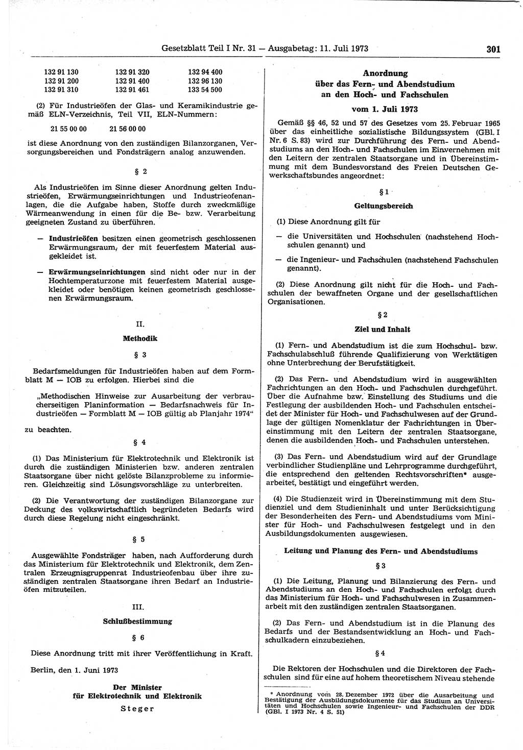 Gesetzblatt (GBl.) der Deutschen Demokratischen Republik (DDR) Teil Ⅰ 1973, Seite 301 (GBl. DDR Ⅰ 1973, S. 301)