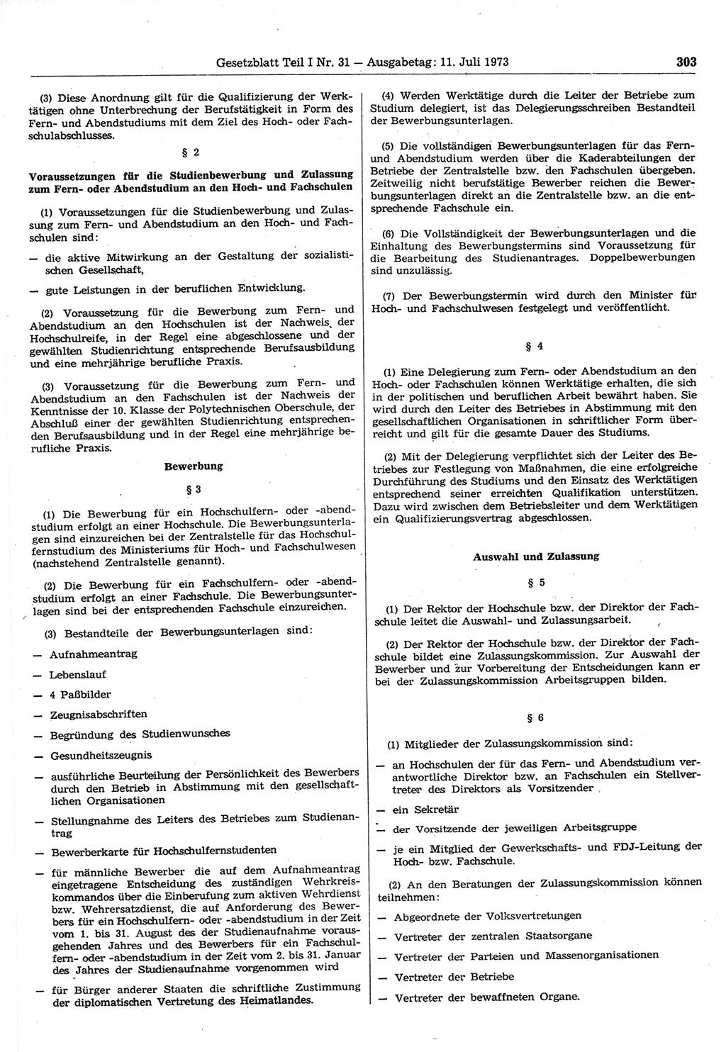 Gesetzblatt (GBl.) der Deutschen Demokratischen Republik (DDR) Teil Ⅰ 1973, Seite 303 (GBl. DDR Ⅰ 1973, S. 303)
