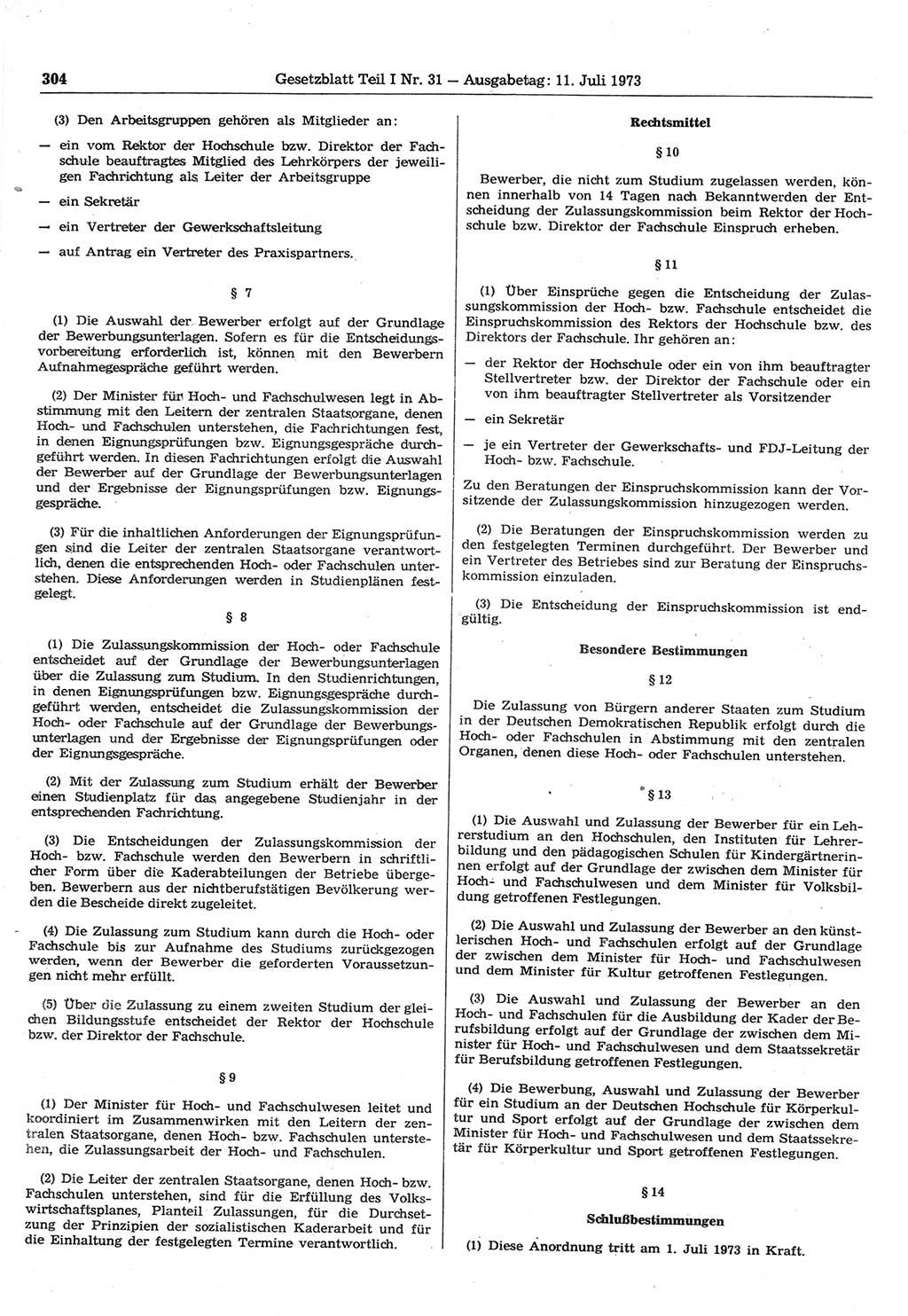 Gesetzblatt (GBl.) der Deutschen Demokratischen Republik (DDR) Teil Ⅰ 1973, Seite 304 (GBl. DDR Ⅰ 1973, S. 304)