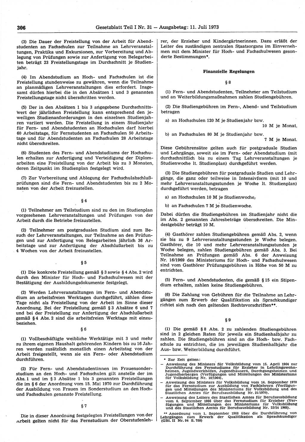 Gesetzblatt (GBl.) der Deutschen Demokratischen Republik (DDR) Teil Ⅰ 1973, Seite 306 (GBl. DDR Ⅰ 1973, S. 306)
