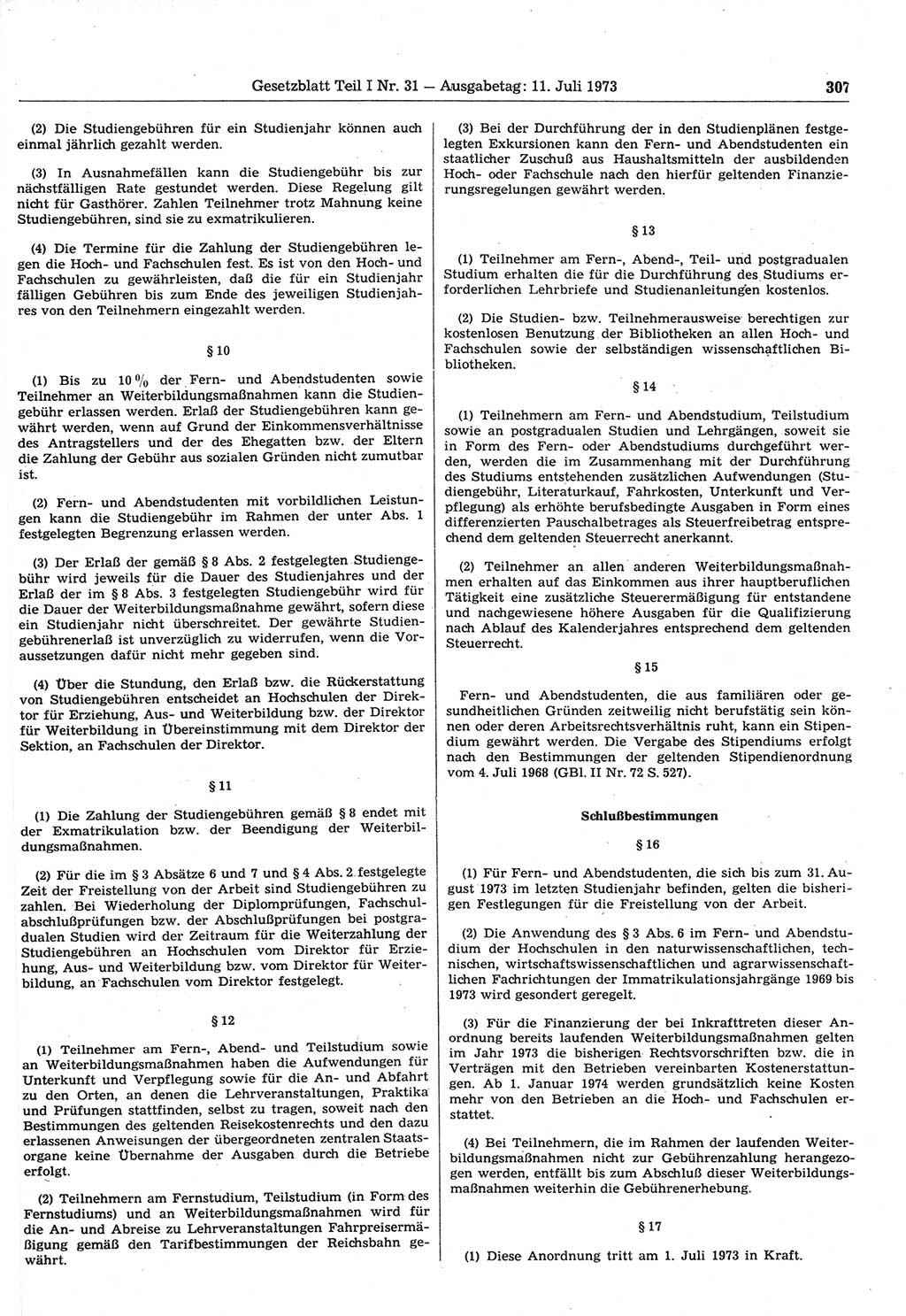 Gesetzblatt (GBl.) der Deutschen Demokratischen Republik (DDR) Teil Ⅰ 1973, Seite 307 (GBl. DDR Ⅰ 1973, S. 307)