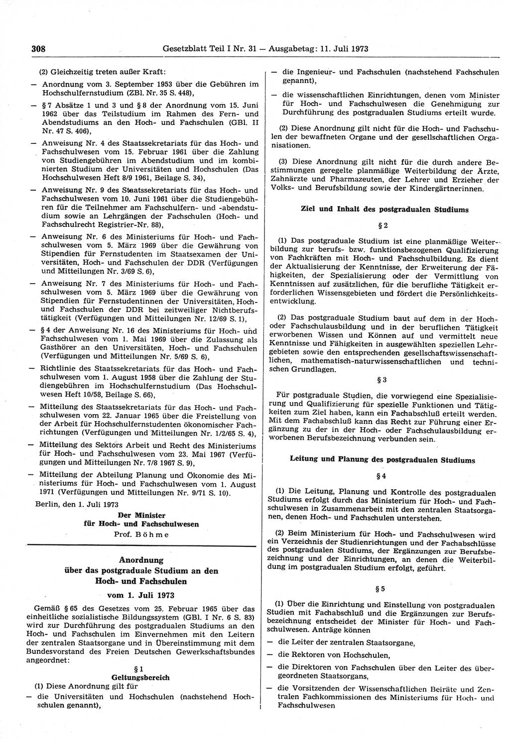 Gesetzblatt (GBl.) der Deutschen Demokratischen Republik (DDR) Teil Ⅰ 1973, Seite 308 (GBl. DDR Ⅰ 1973, S. 308)