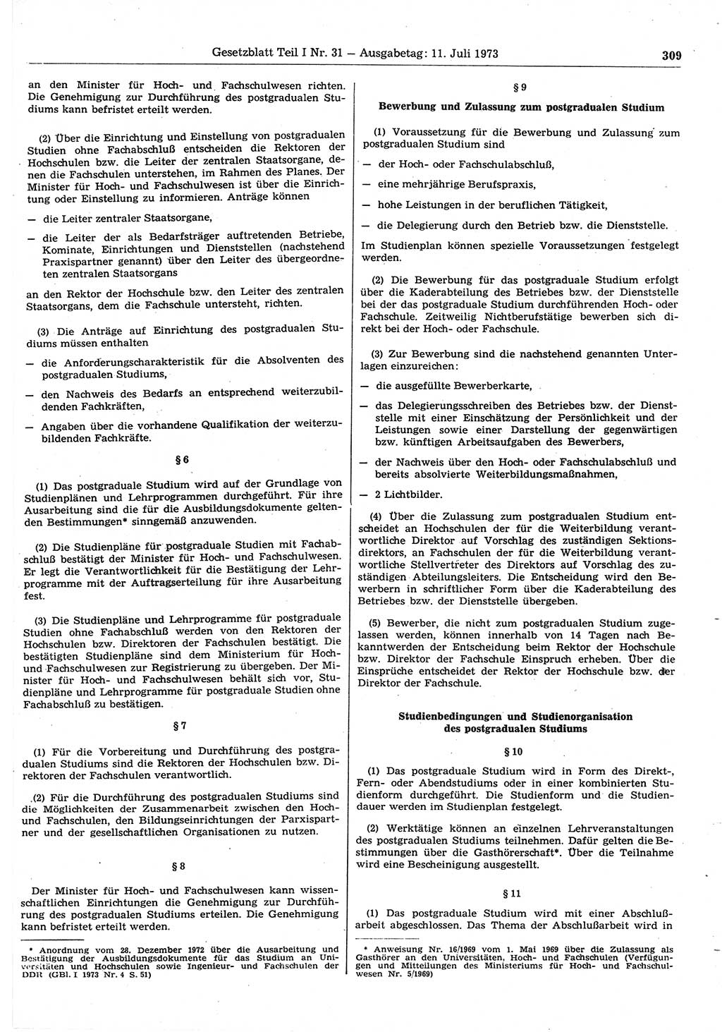 Gesetzblatt (GBl.) der Deutschen Demokratischen Republik (DDR) Teil Ⅰ 1973, Seite 309 (GBl. DDR Ⅰ 1973, S. 309)