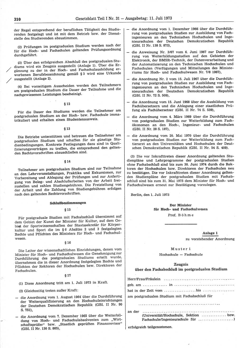 Gesetzblatt (GBl.) der Deutschen Demokratischen Republik (DDR) Teil Ⅰ 1973, Seite 310 (GBl. DDR Ⅰ 1973, S. 310)