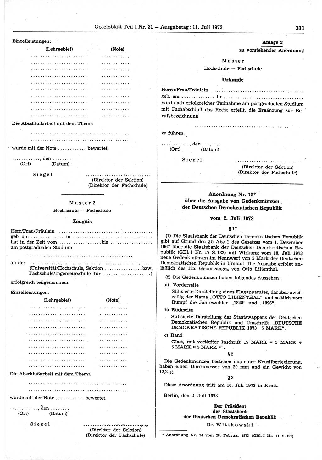Gesetzblatt (GBl.) der Deutschen Demokratischen Republik (DDR) Teil Ⅰ 1973, Seite 311 (GBl. DDR Ⅰ 1973, S. 311)