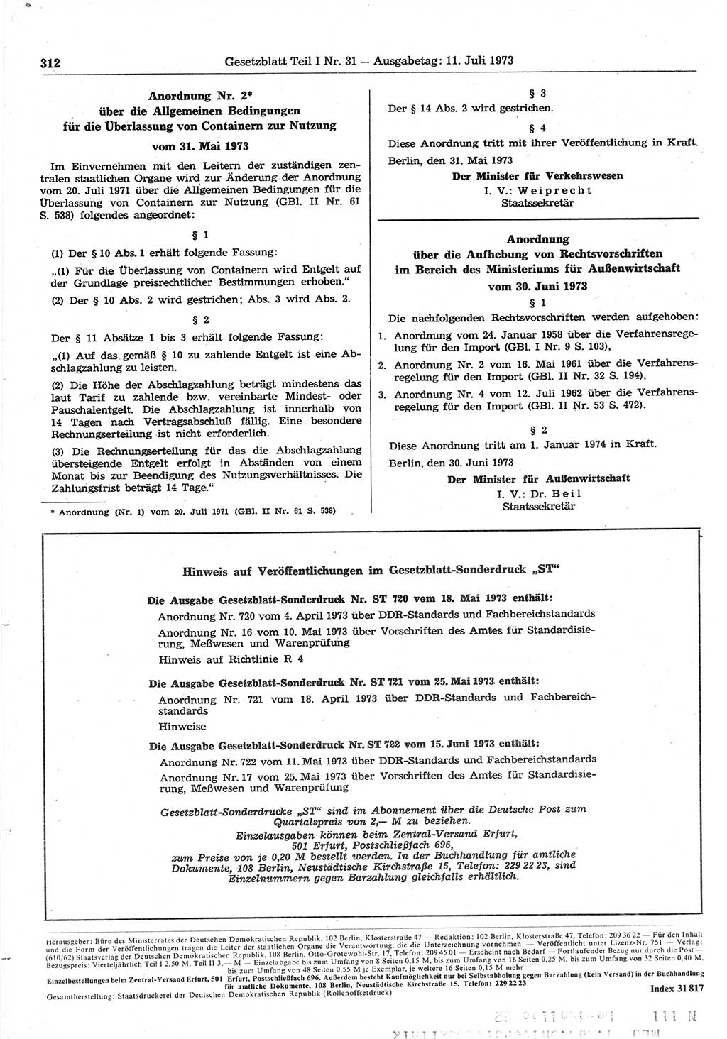 Gesetzblatt (GBl.) der Deutschen Demokratischen Republik (DDR) Teil Ⅰ 1973, Seite 312 (GBl. DDR Ⅰ 1973, S. 312)