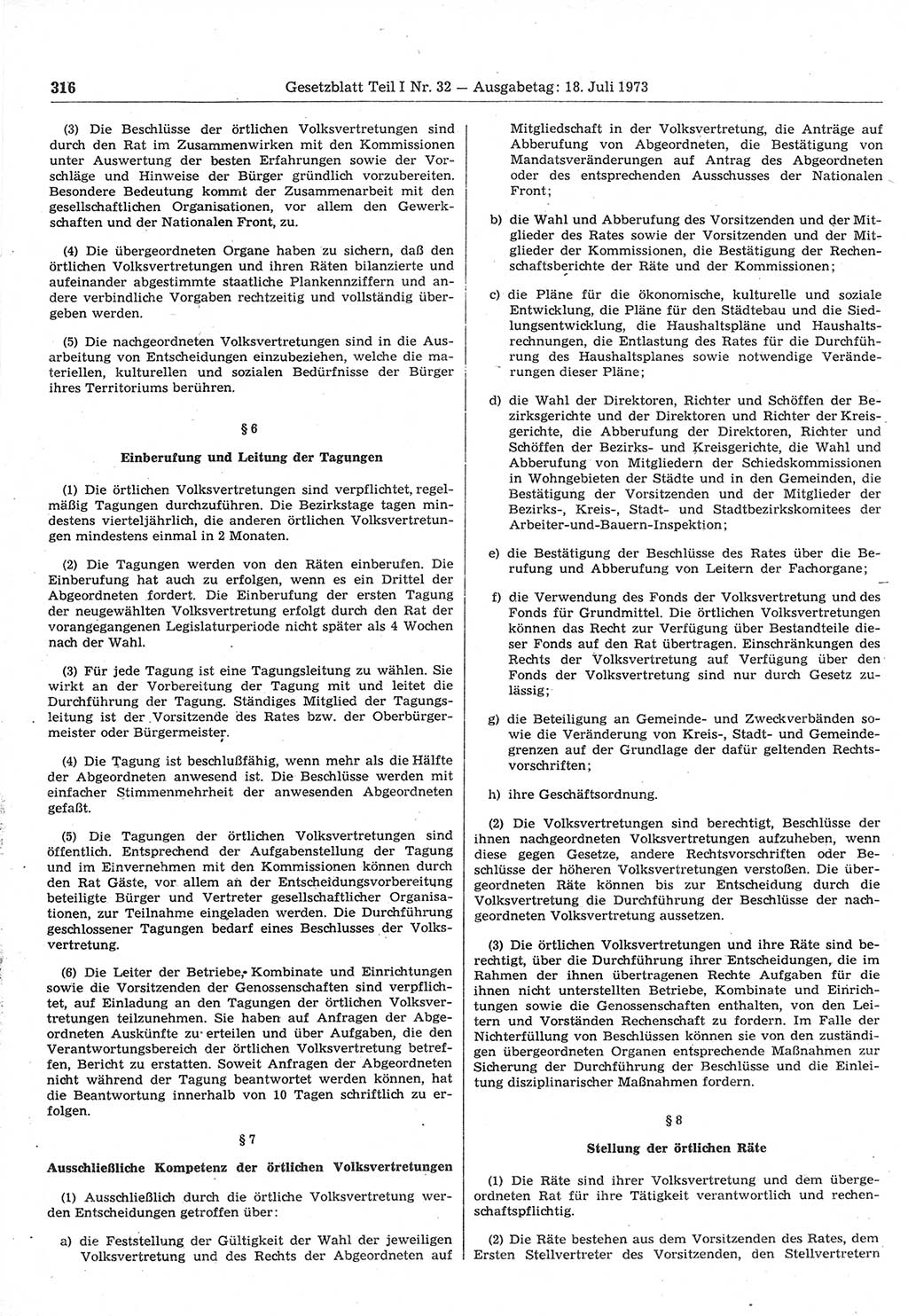 Gesetzblatt (GBl.) der Deutschen Demokratischen Republik (DDR) Teil Ⅰ 1973, Seite 316 (GBl. DDR Ⅰ 1973, S. 316)