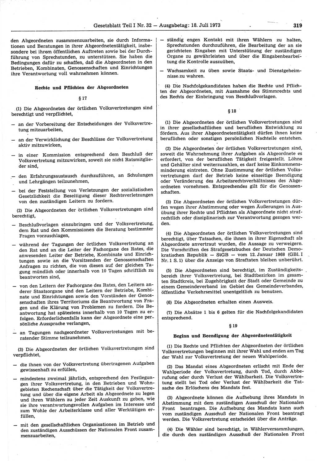 Gesetzblatt (GBl.) der Deutschen Demokratischen Republik (DDR) Teil Ⅰ 1973, Seite 319 (GBl. DDR Ⅰ 1973, S. 319)