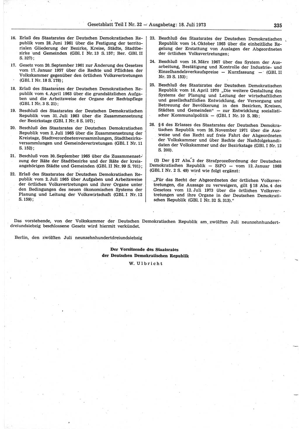 Gesetzblatt (GBl.) der Deutschen Demokratischen Republik (DDR) Teil Ⅰ 1973, Seite 335 (GBl. DDR Ⅰ 1973, S. 335)