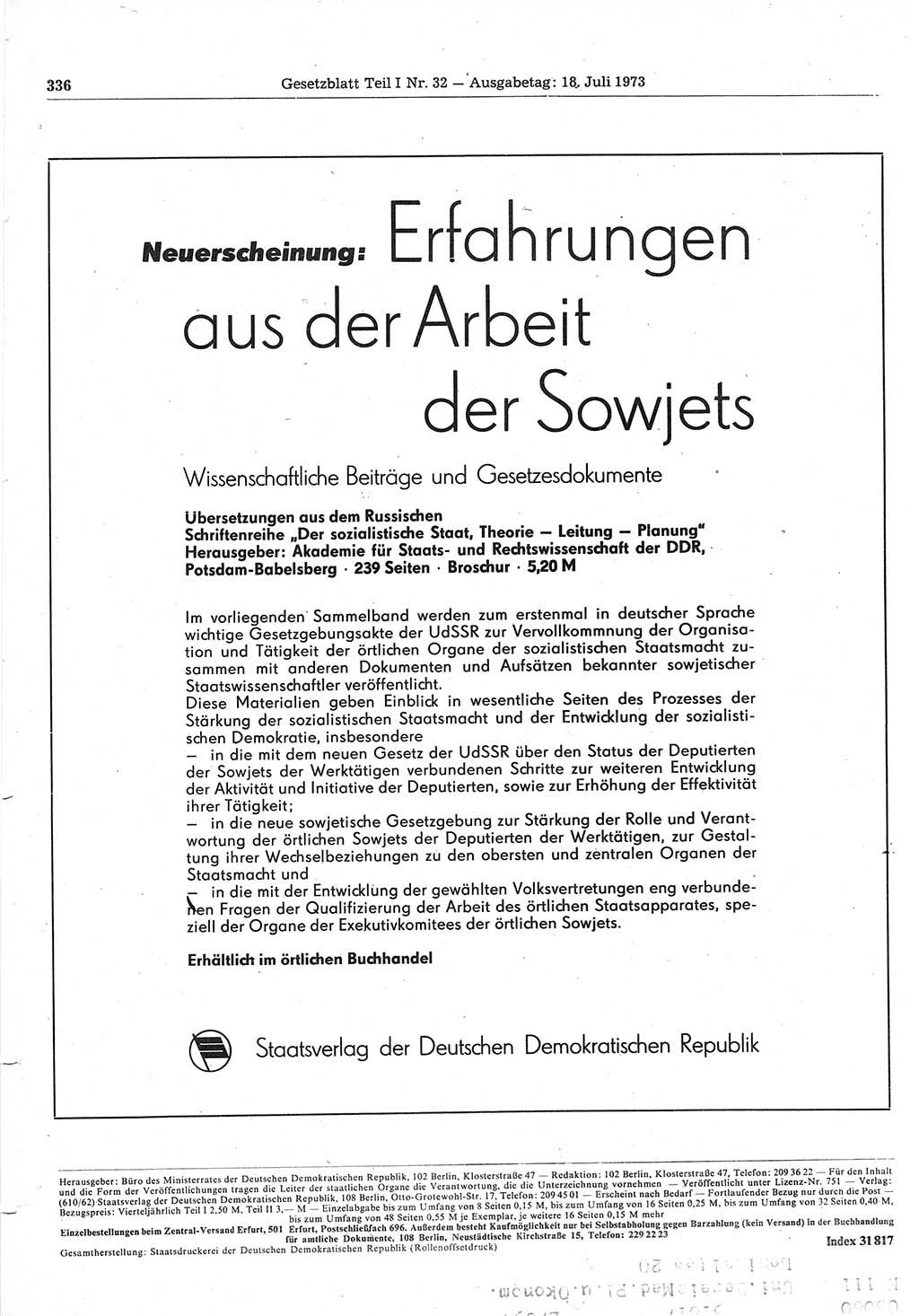 Gesetzblatt (GBl.) der Deutschen Demokratischen Republik (DDR) Teil Ⅰ 1973, Seite 336 (GBl. DDR Ⅰ 1973, S. 336)