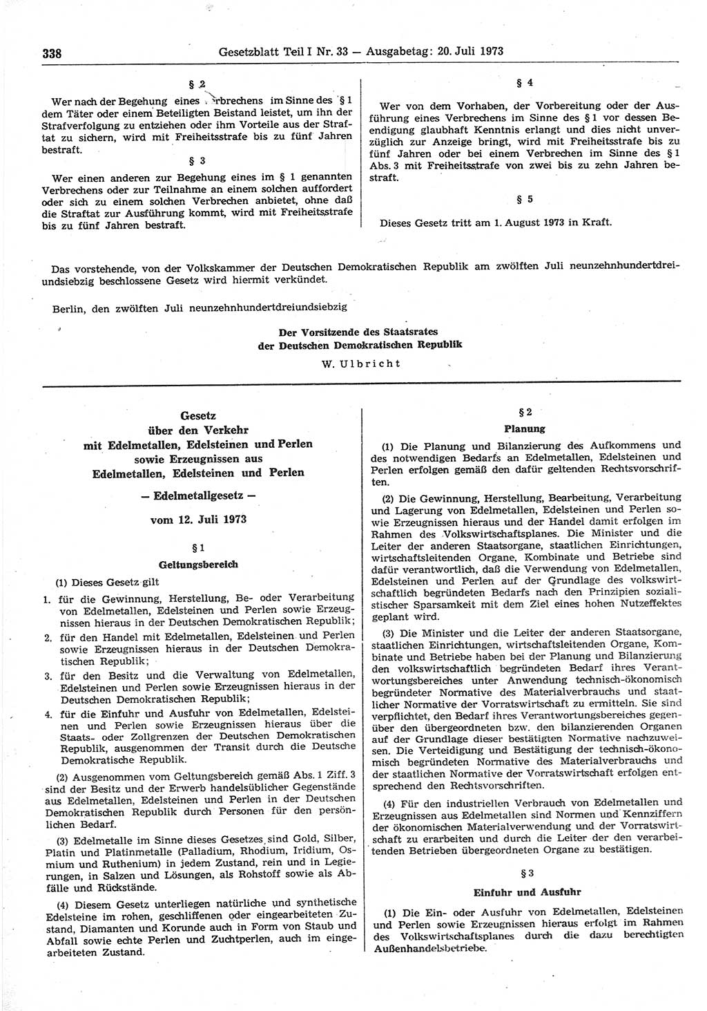 Gesetzblatt (GBl.) der Deutschen Demokratischen Republik (DDR) Teil Ⅰ 1973, Seite 338 (GBl. DDR Ⅰ 1973, S. 338)