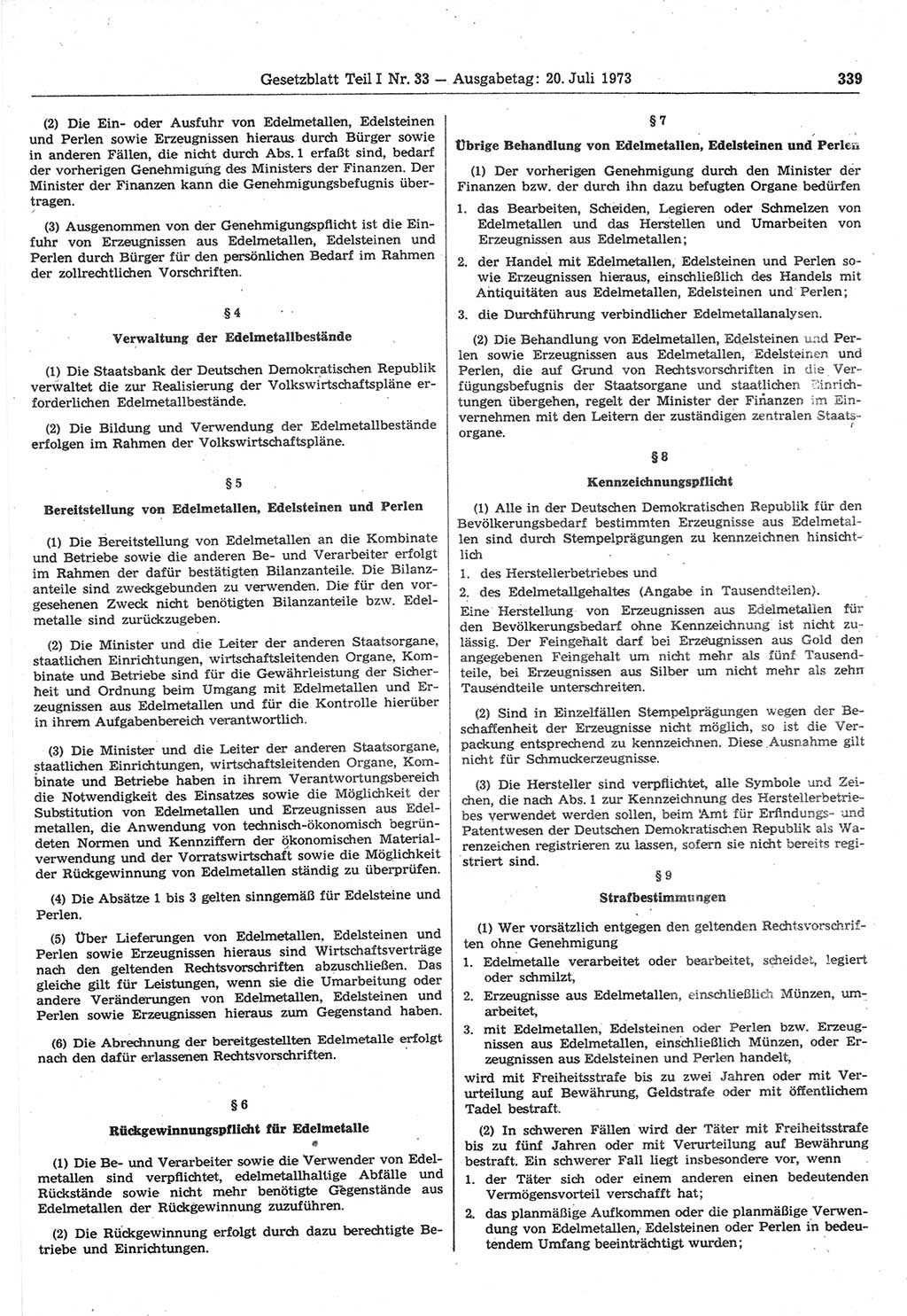 Gesetzblatt (GBl.) der Deutschen Demokratischen Republik (DDR) Teil Ⅰ 1973, Seite 339 (GBl. DDR Ⅰ 1973, S. 339)