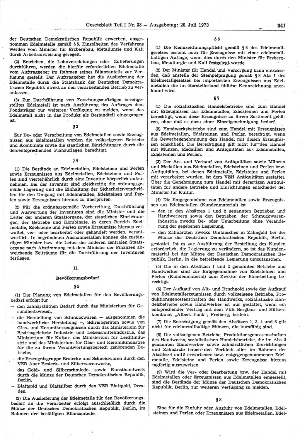 Gesetzblatt (GBl.) der Deutschen Demokratischen Republik (DDR) Teil Ⅰ 1973, Seite 341 (GBl. DDR Ⅰ 1973, S. 341)