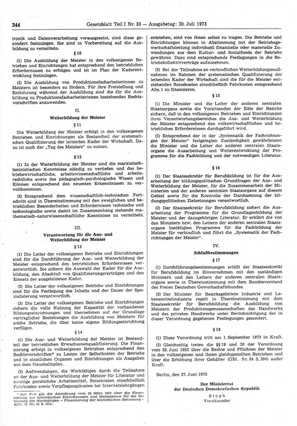 Gesetzblatt (GBl.) der Deutschen Demokratischen Republik (DDR) Teil Ⅰ 1973, Seite 344 (GBl. DDR Ⅰ 1973, S. 344)