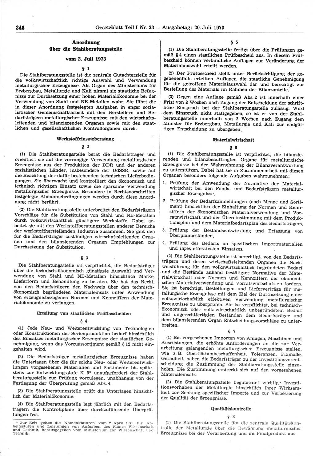 Gesetzblatt (GBl.) der Deutschen Demokratischen Republik (DDR) Teil Ⅰ 1973, Seite 346 (GBl. DDR Ⅰ 1973, S. 346)