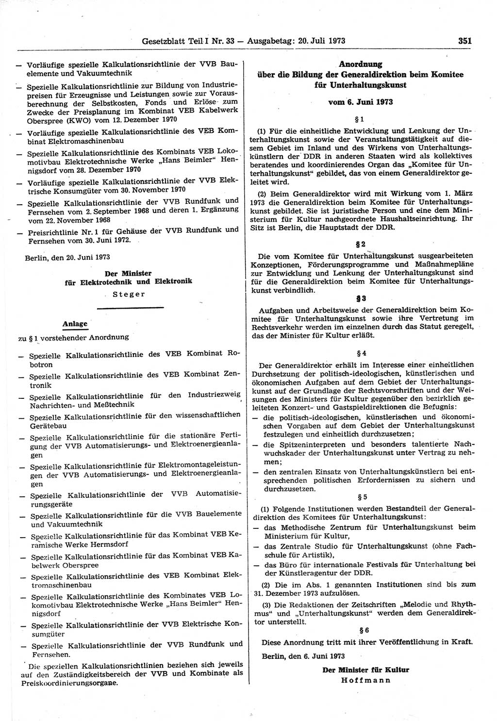 Gesetzblatt (GBl.) der Deutschen Demokratischen Republik (DDR) Teil Ⅰ 1973, Seite 351 (GBl. DDR Ⅰ 1973, S. 351)