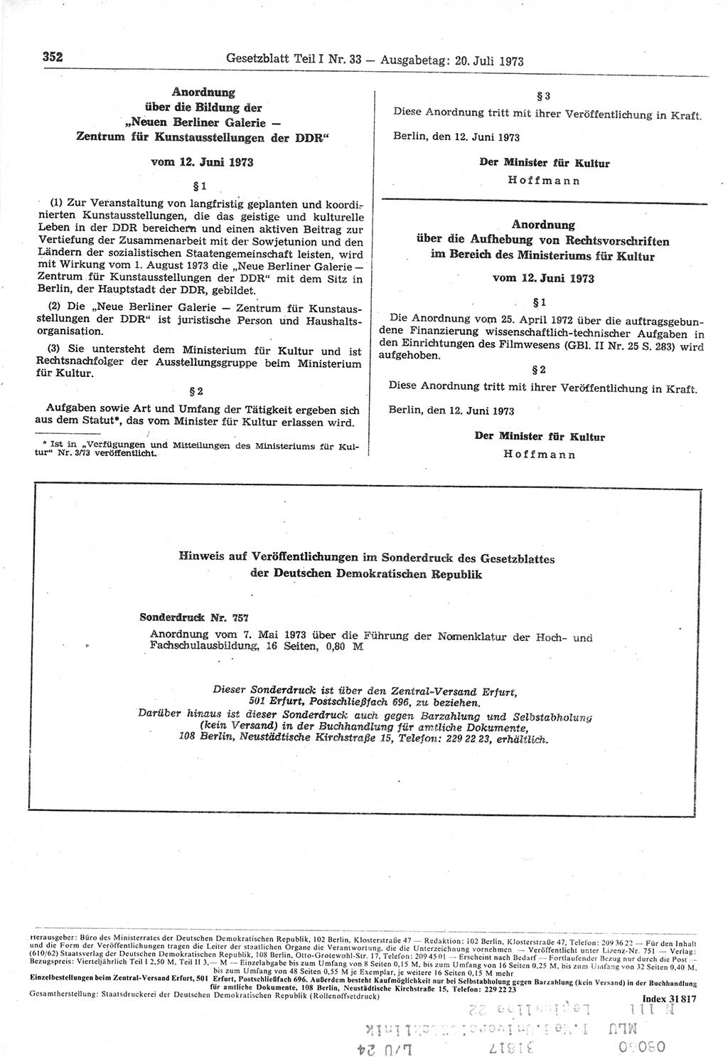 Gesetzblatt (GBl.) der Deutschen Demokratischen Republik (DDR) Teil Ⅰ 1973, Seite 352 (GBl. DDR Ⅰ 1973, S. 352)