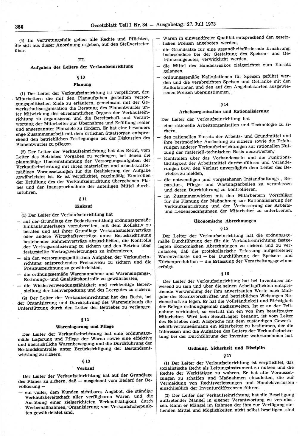 Gesetzblatt (GBl.) der Deutschen Demokratischen Republik (DDR) Teil Ⅰ 1973, Seite 356 (GBl. DDR Ⅰ 1973, S. 356)