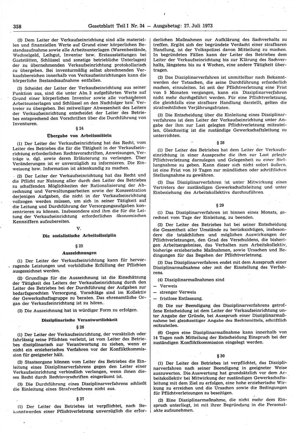 Gesetzblatt (GBl.) der Deutschen Demokratischen Republik (DDR) Teil Ⅰ 1973, Seite 358 (GBl. DDR Ⅰ 1973, S. 358)