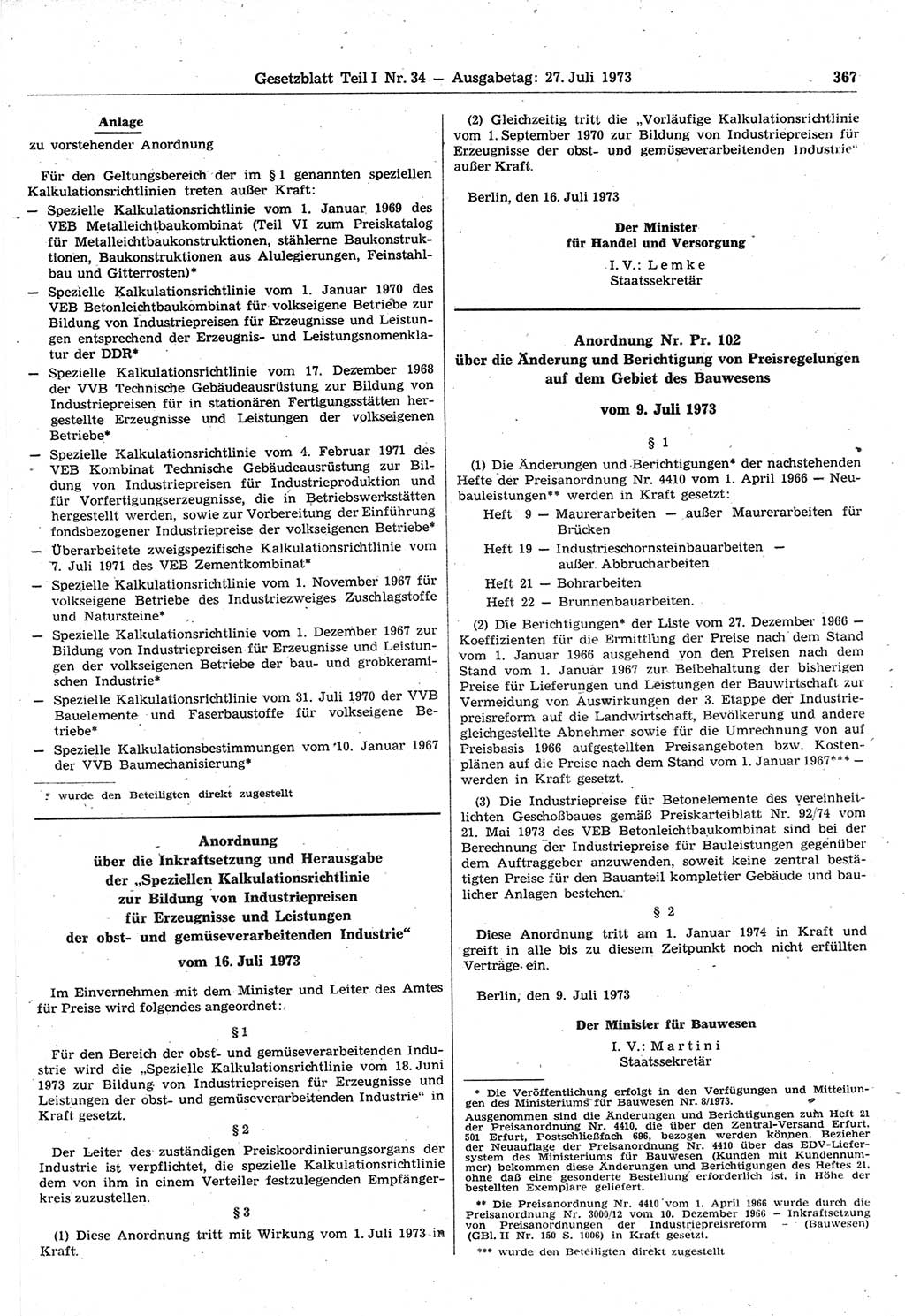 Gesetzblatt (GBl.) der Deutschen Demokratischen Republik (DDR) Teil Ⅰ 1973, Seite 367 (GBl. DDR Ⅰ 1973, S. 367)