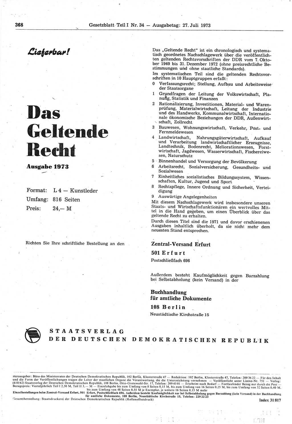 Gesetzblatt (GBl.) der Deutschen Demokratischen Republik (DDR) Teil Ⅰ 1973, Seite 368 (GBl. DDR Ⅰ 1973, S. 368)