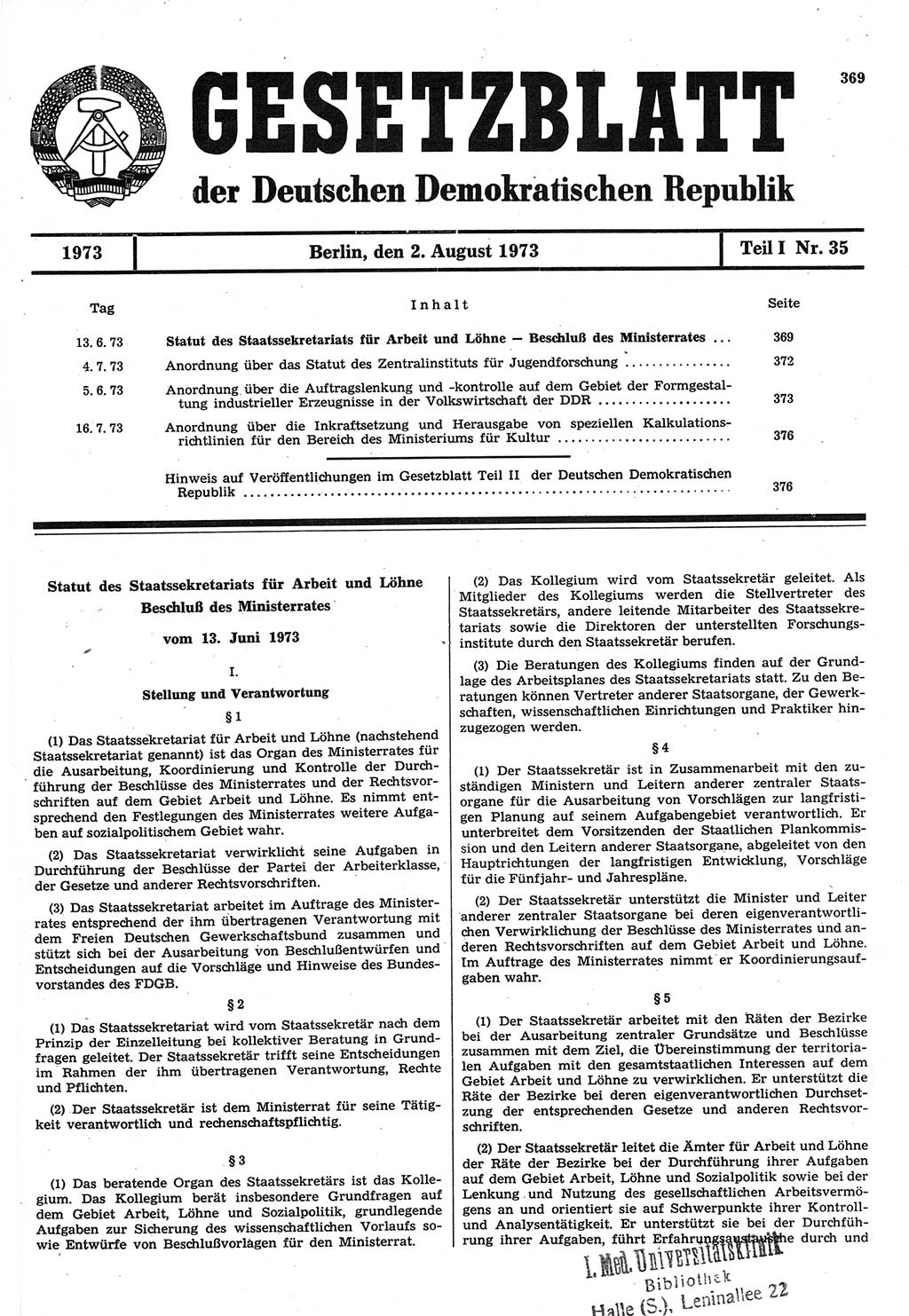 Gesetzblatt (GBl.) der Deutschen Demokratischen Republik (DDR) Teil Ⅰ 1973, Seite 369 (GBl. DDR Ⅰ 1973, S. 369)