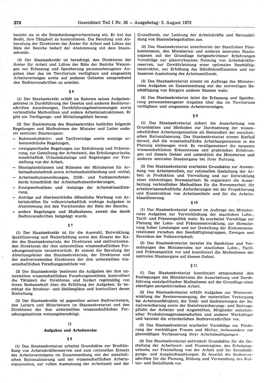 Gesetzblatt (GBl.) der Deutschen Demokratischen Republik (DDR) Teil Ⅰ 1973, Seite 370 (GBl. DDR Ⅰ 1973, S. 370)