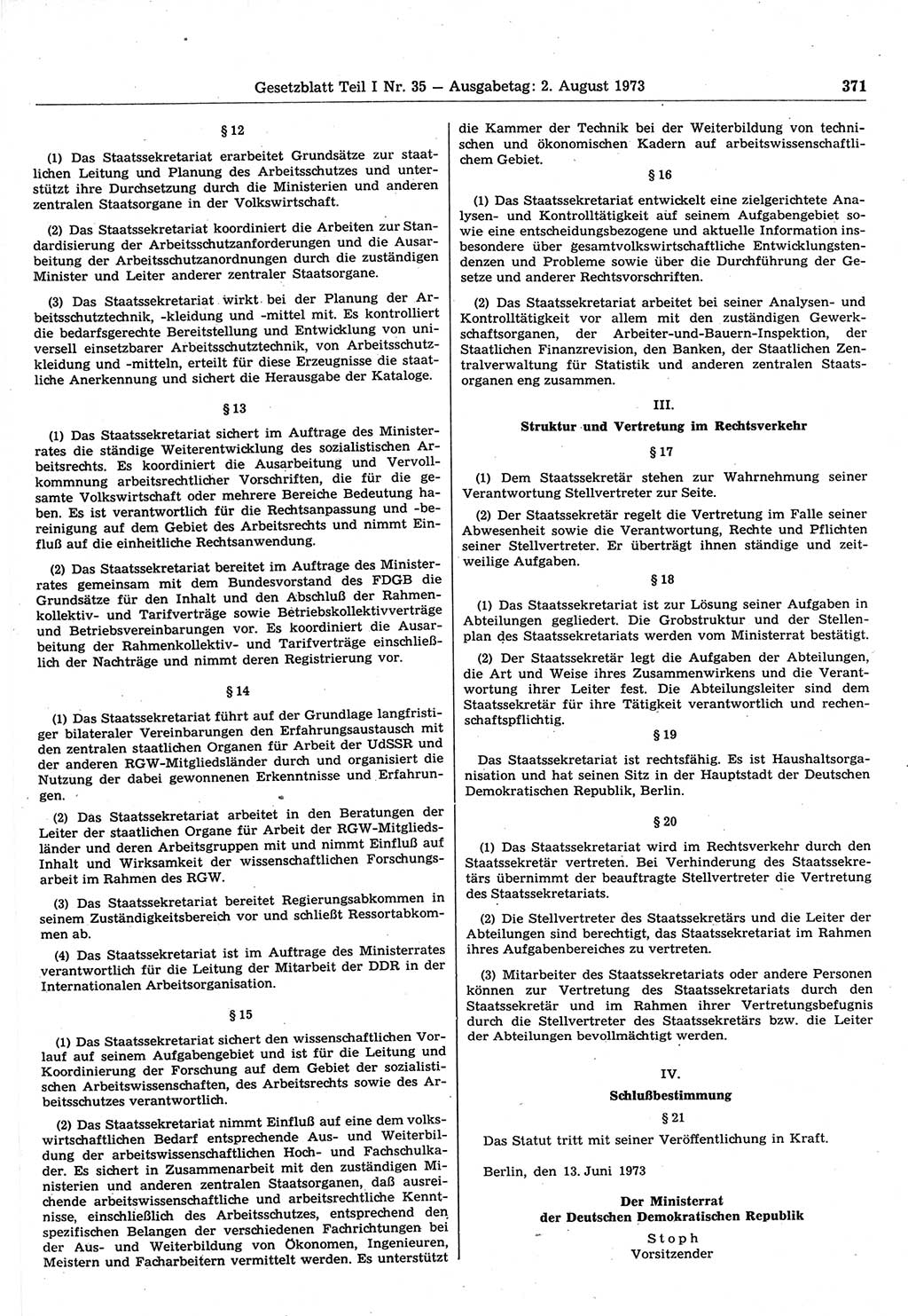 Gesetzblatt (GBl.) der Deutschen Demokratischen Republik (DDR) Teil Ⅰ 1973, Seite 371 (GBl. DDR Ⅰ 1973, S. 371)