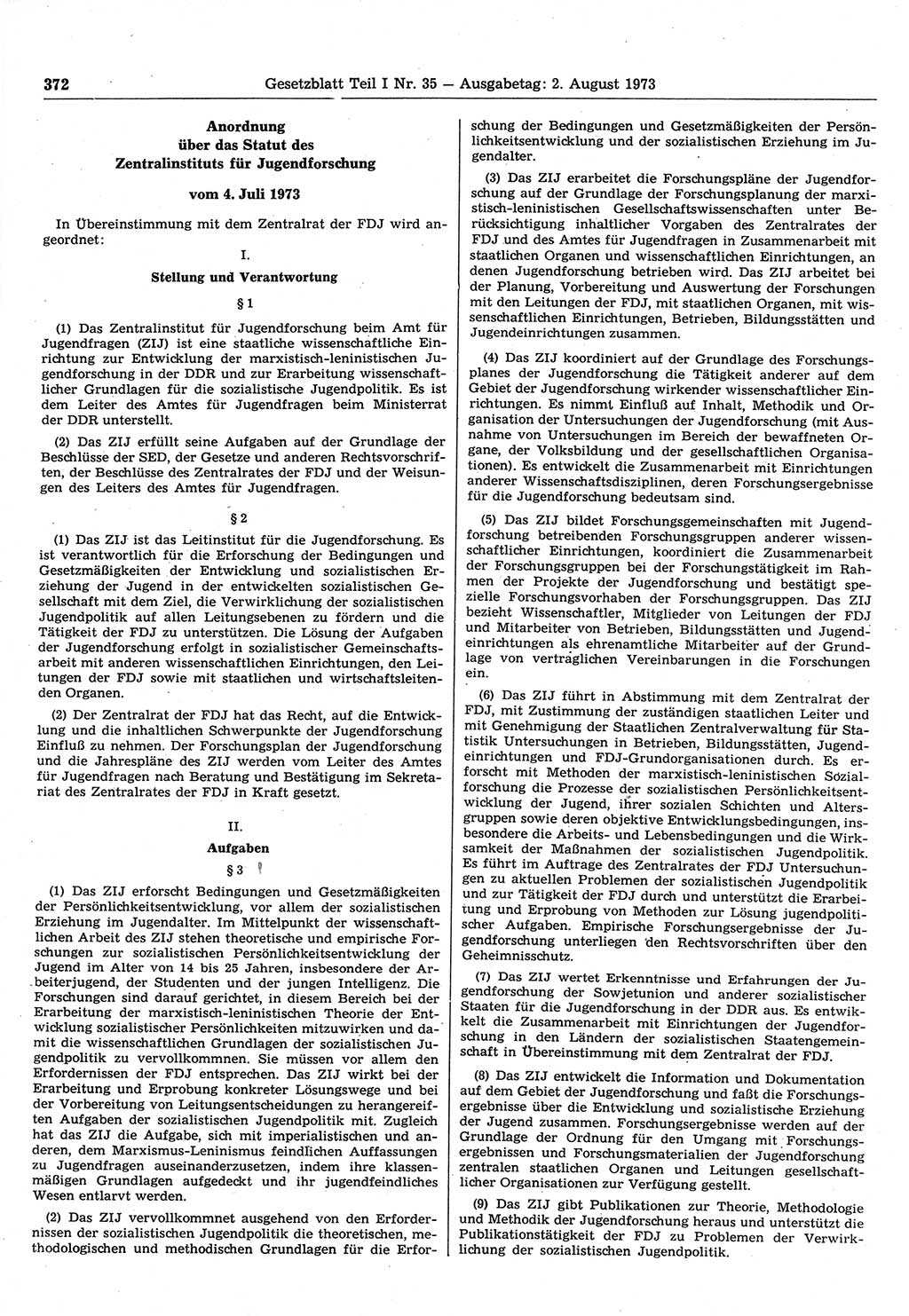 Gesetzblatt (GBl.) der Deutschen Demokratischen Republik (DDR) Teil Ⅰ 1973, Seite 372 (GBl. DDR Ⅰ 1973, S. 372)