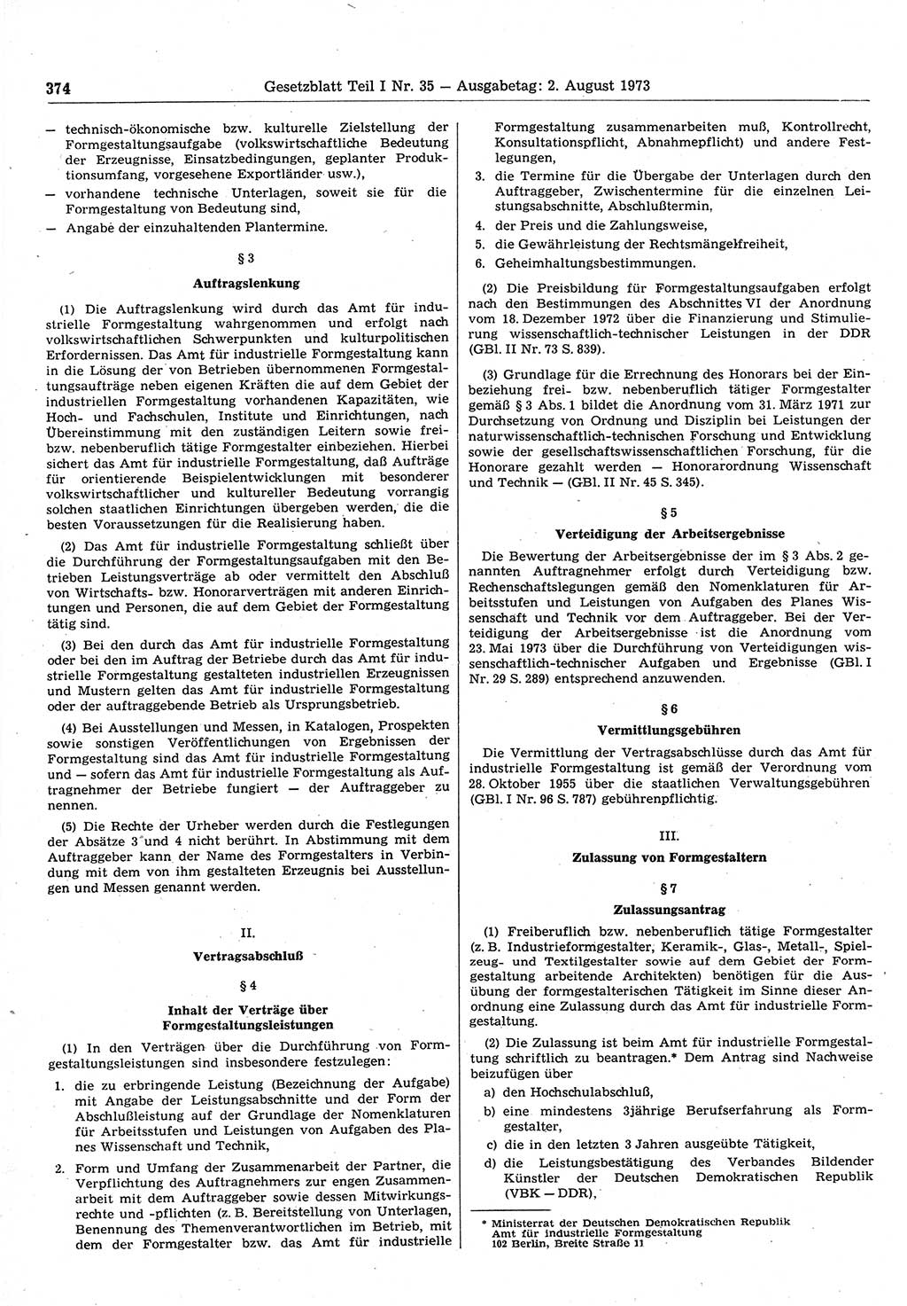 Gesetzblatt (GBl.) der Deutschen Demokratischen Republik (DDR) Teil Ⅰ 1973, Seite 374 (GBl. DDR Ⅰ 1973, S. 374)
