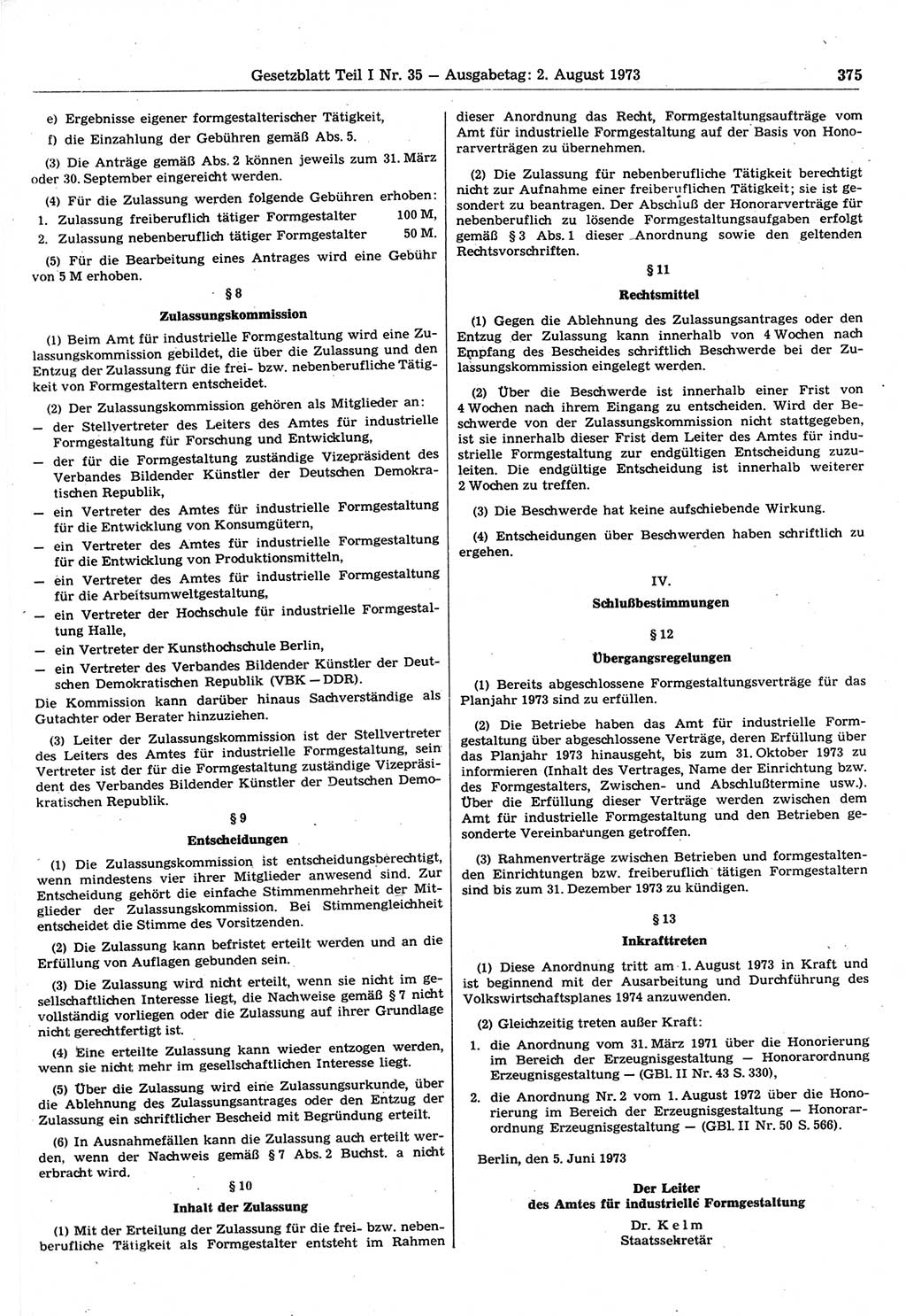 Gesetzblatt (GBl.) der Deutschen Demokratischen Republik (DDR) Teil Ⅰ 1973, Seite 375 (GBl. DDR Ⅰ 1973, S. 375)