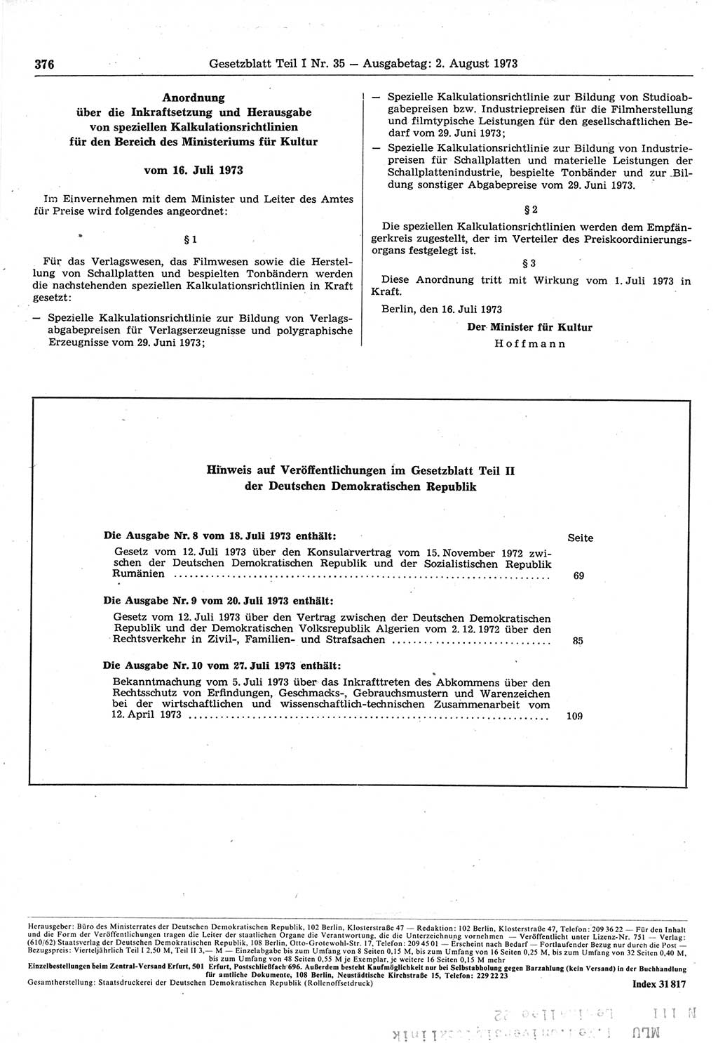 Gesetzblatt (GBl.) der Deutschen Demokratischen Republik (DDR) Teil Ⅰ 1973, Seite 376 (GBl. DDR Ⅰ 1973, S. 376)