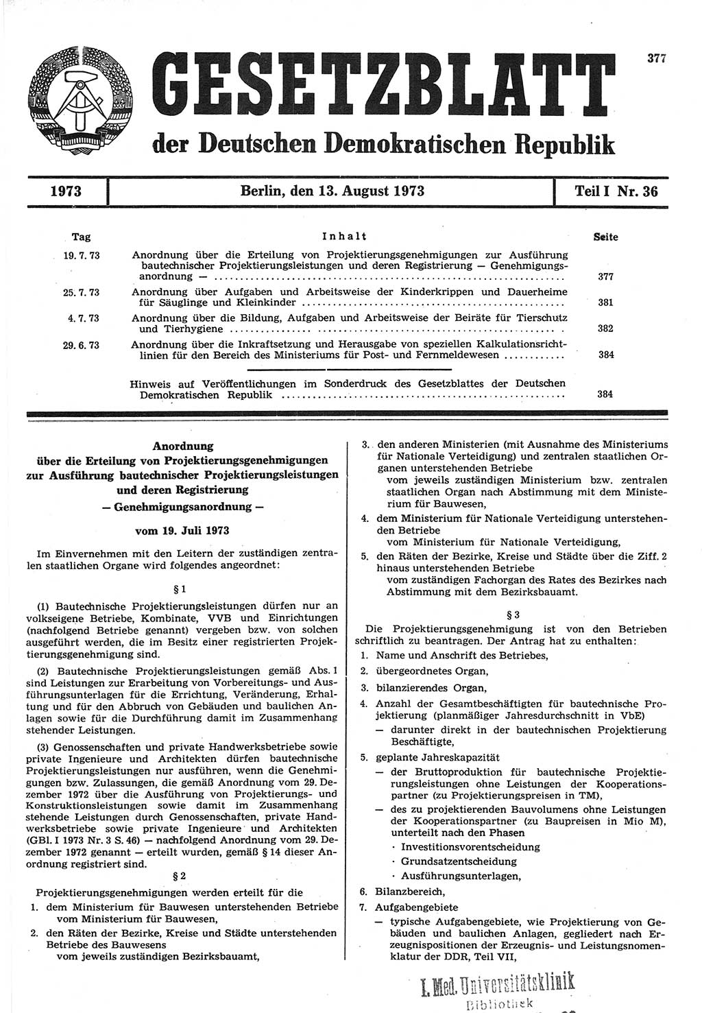 Gesetzblatt (GBl.) der Deutschen Demokratischen Republik (DDR) Teil Ⅰ 1973, Seite 377 (GBl. DDR Ⅰ 1973, S. 377)