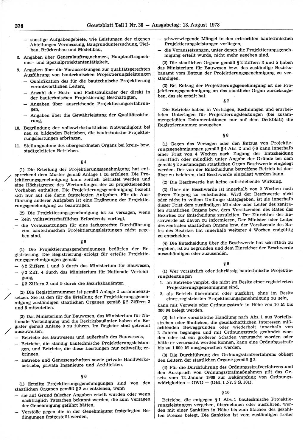 Gesetzblatt (GBl.) der Deutschen Demokratischen Republik (DDR) Teil Ⅰ 1973, Seite 378 (GBl. DDR Ⅰ 1973, S. 378)