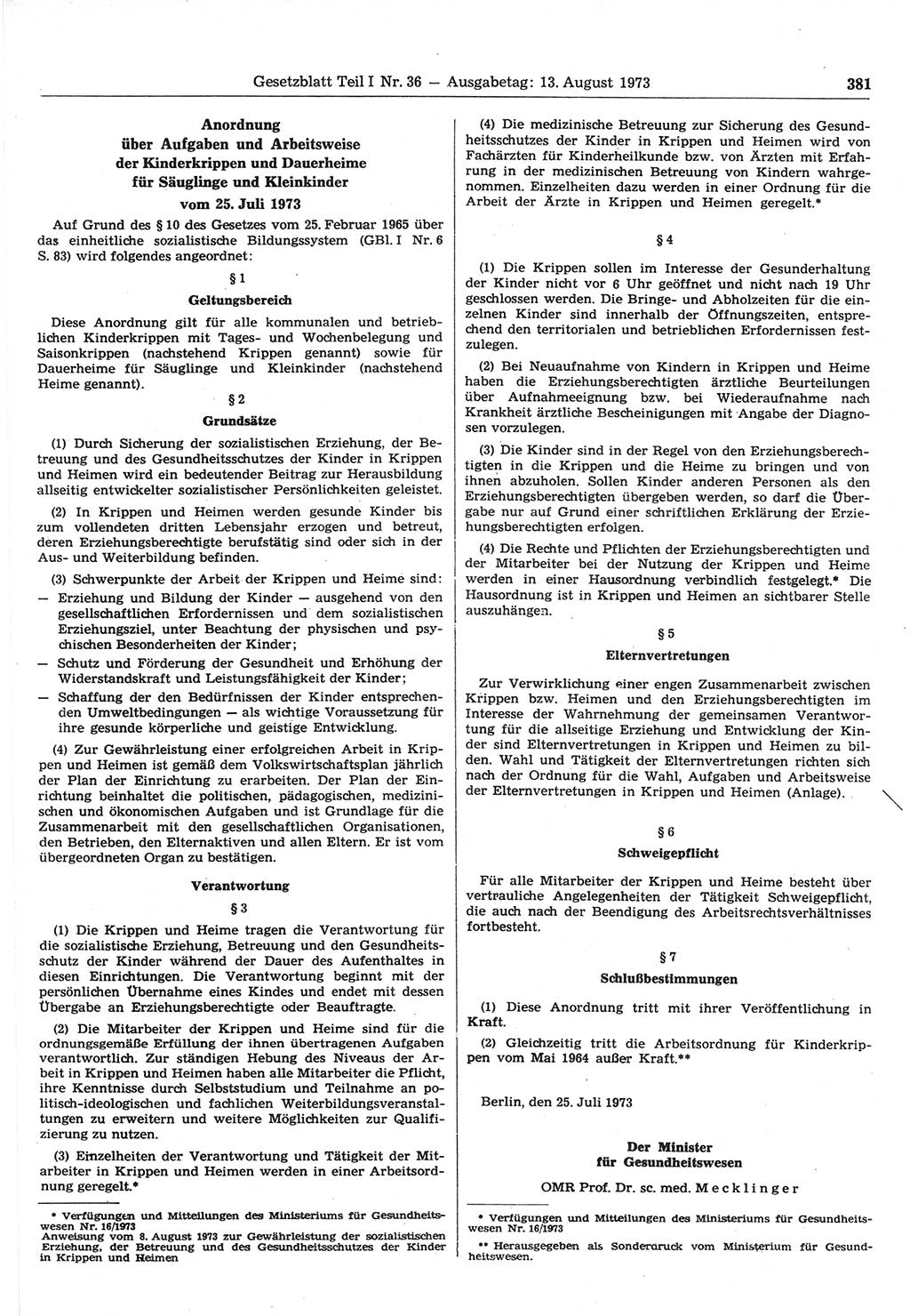 Gesetzblatt (GBl.) der Deutschen Demokratischen Republik (DDR) Teil Ⅰ 1973, Seite 381 (GBl. DDR Ⅰ 1973, S. 381)