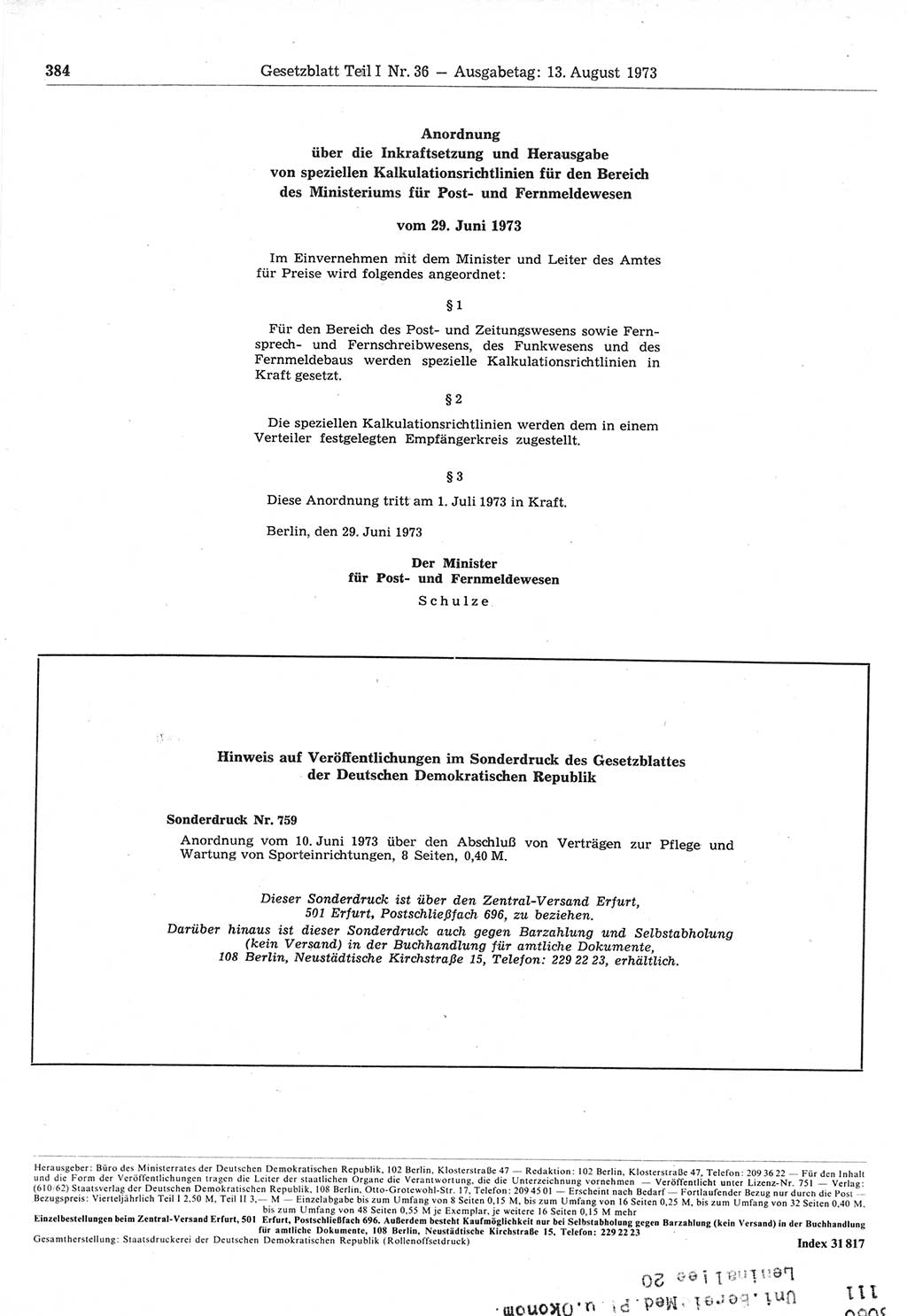 Gesetzblatt (GBl.) der Deutschen Demokratischen Republik (DDR) Teil Ⅰ 1973, Seite 384 (GBl. DDR Ⅰ 1973, S. 384)