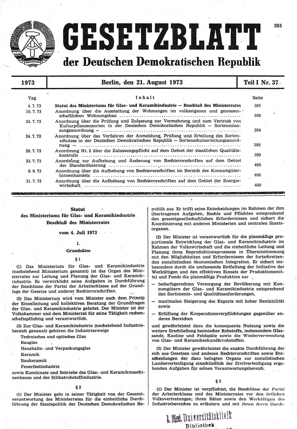 Gesetzblatt (GBl.) der Deutschen Demokratischen Republik (DDR) Teil Ⅰ 1973, Seite 385 (GBl. DDR Ⅰ 1973, S. 385)