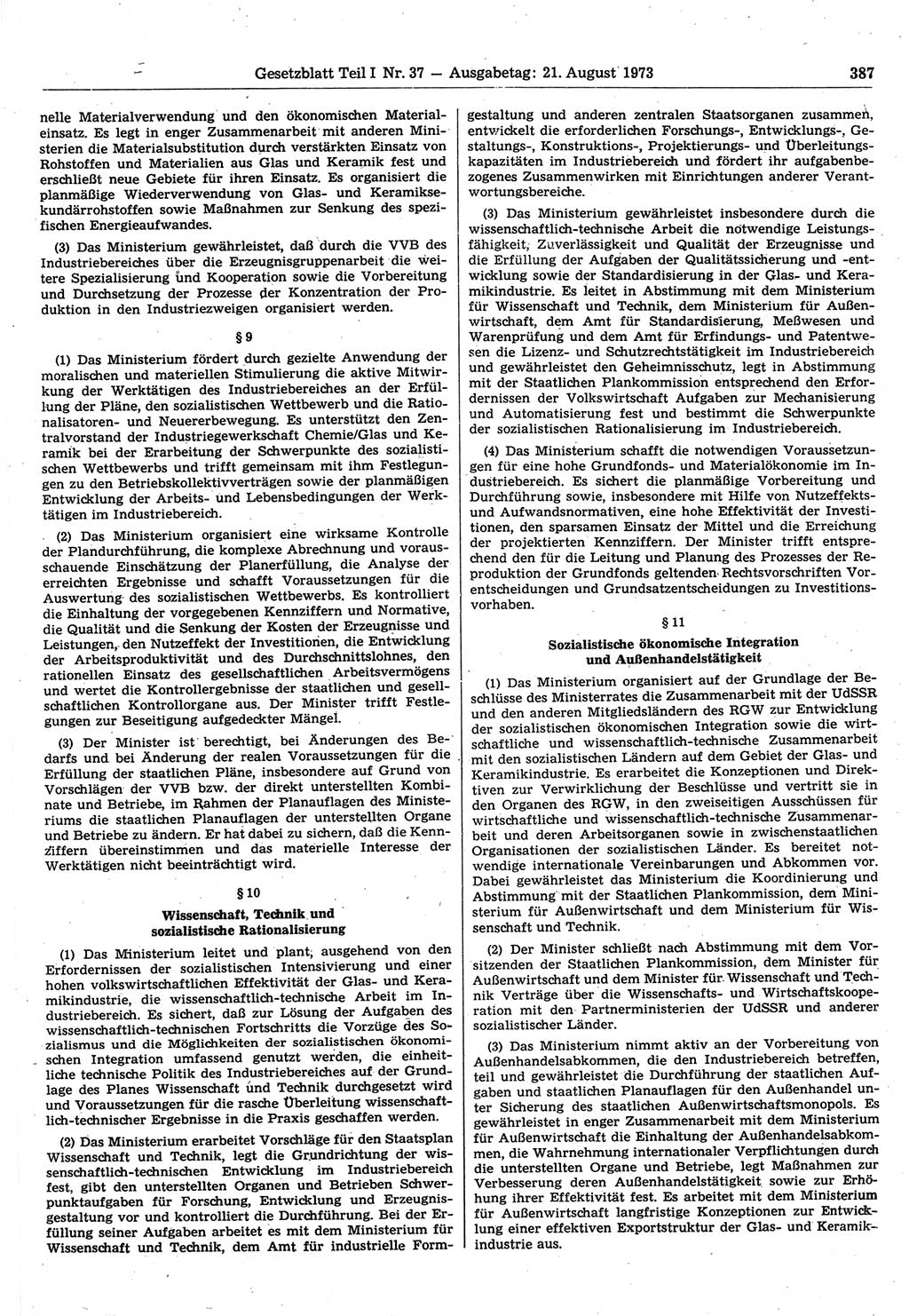 Gesetzblatt (GBl.) der Deutschen Demokratischen Republik (DDR) Teil Ⅰ 1973, Seite 387 (GBl. DDR Ⅰ 1973, S. 387)