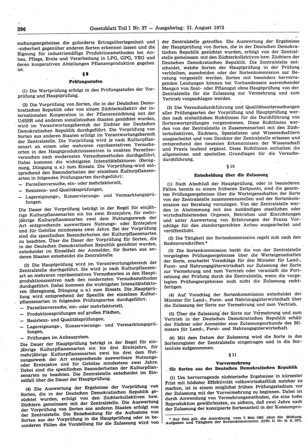 Gesetzblatt (GBl.) der Deutschen Demokratischen Republik (DDR) Teil Ⅰ 1973, Seite 396 (GBl. DDR Ⅰ 1973, S. 396)