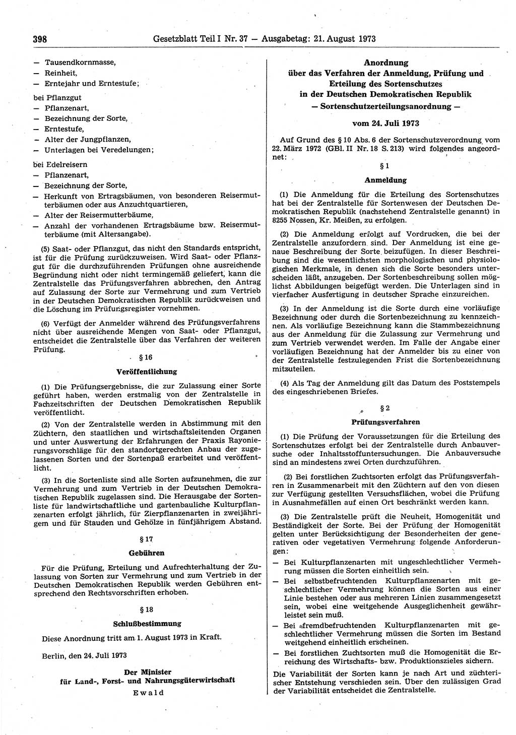 Gesetzblatt (GBl.) der Deutschen Demokratischen Republik (DDR) Teil Ⅰ 1973, Seite 398 (GBl. DDR Ⅰ 1973, S. 398)