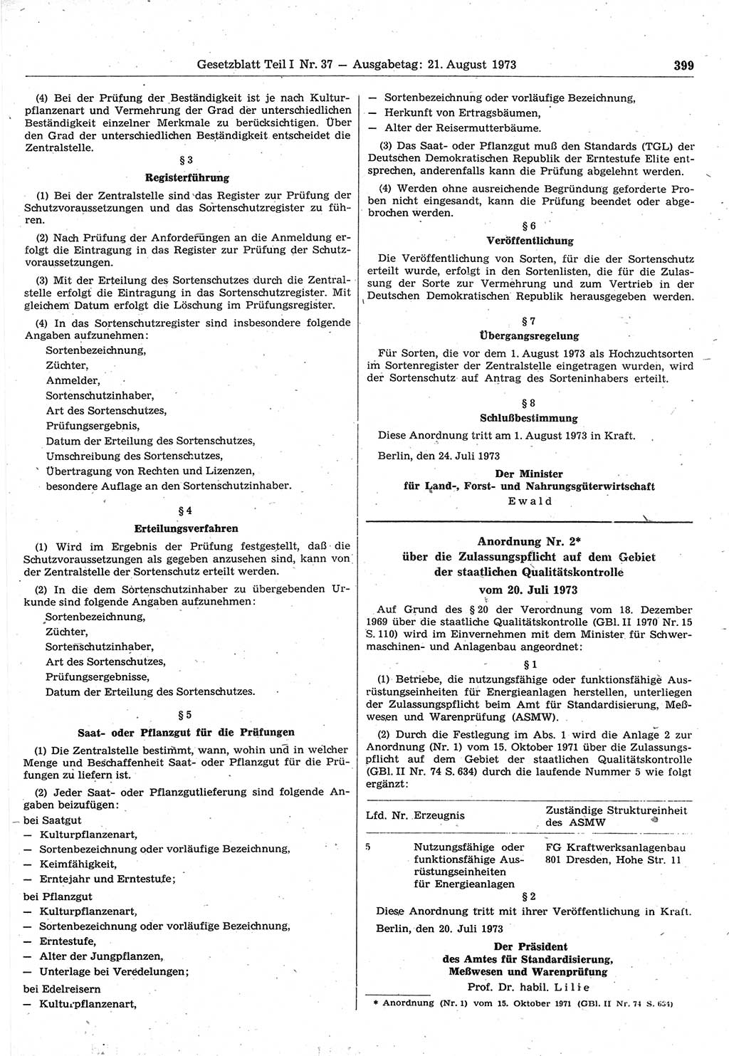 Gesetzblatt (GBl.) der Deutschen Demokratischen Republik (DDR) Teil Ⅰ 1973, Seite 399 (GBl. DDR Ⅰ 1973, S. 399)