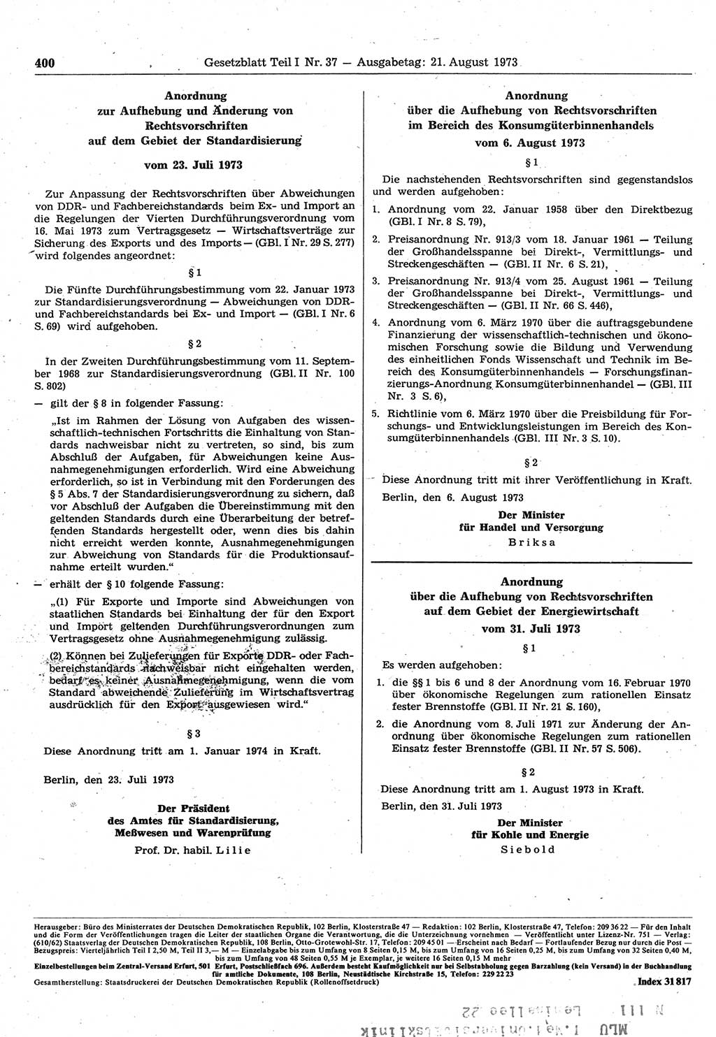 Gesetzblatt (GBl.) der Deutschen Demokratischen Republik (DDR) Teil Ⅰ 1973, Seite 400 (GBl. DDR Ⅰ 1973, S. 400)