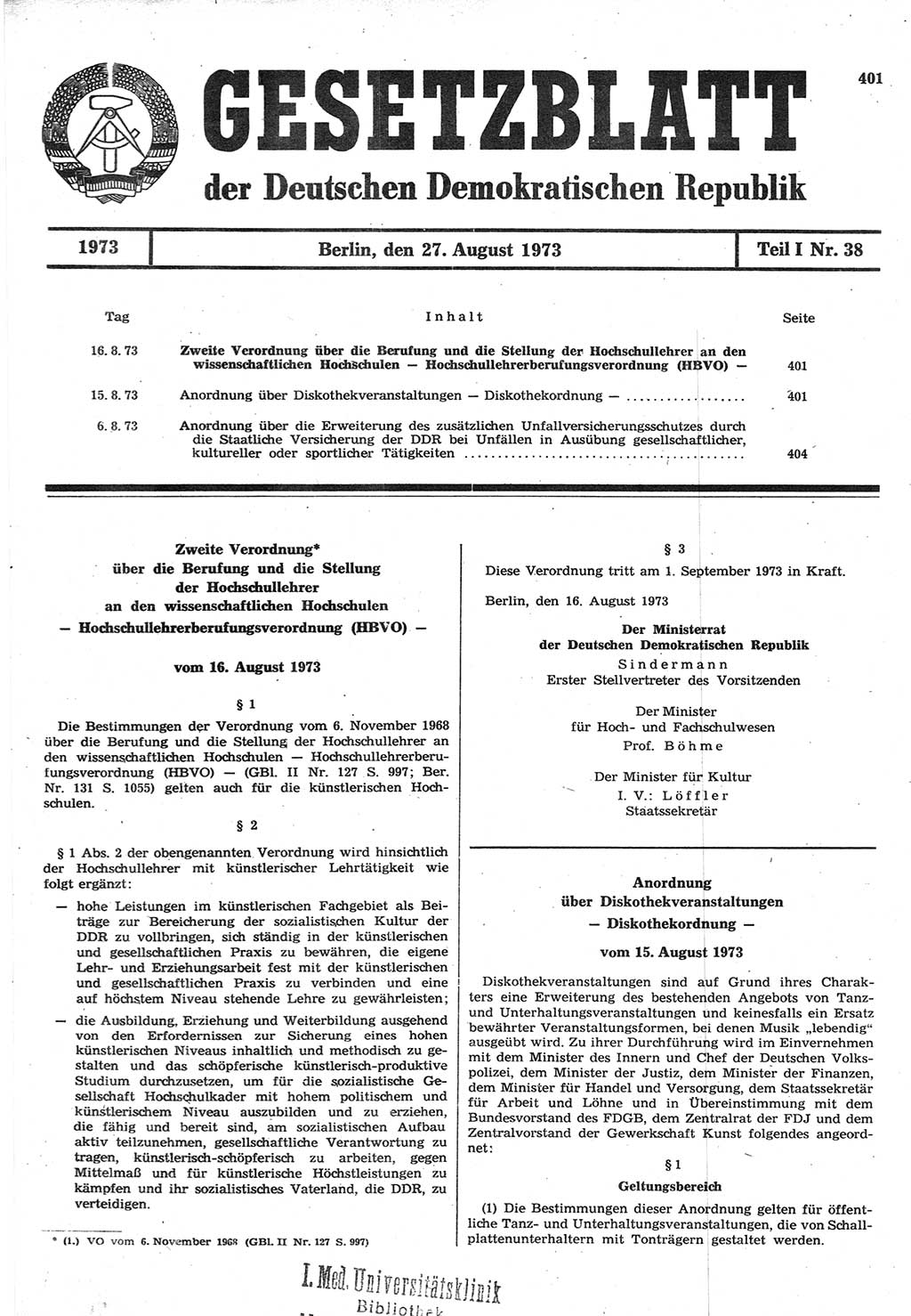 Gesetzblatt (GBl.) der Deutschen Demokratischen Republik (DDR) Teil Ⅰ 1973, Seite 401 (GBl. DDR Ⅰ 1973, S. 401)