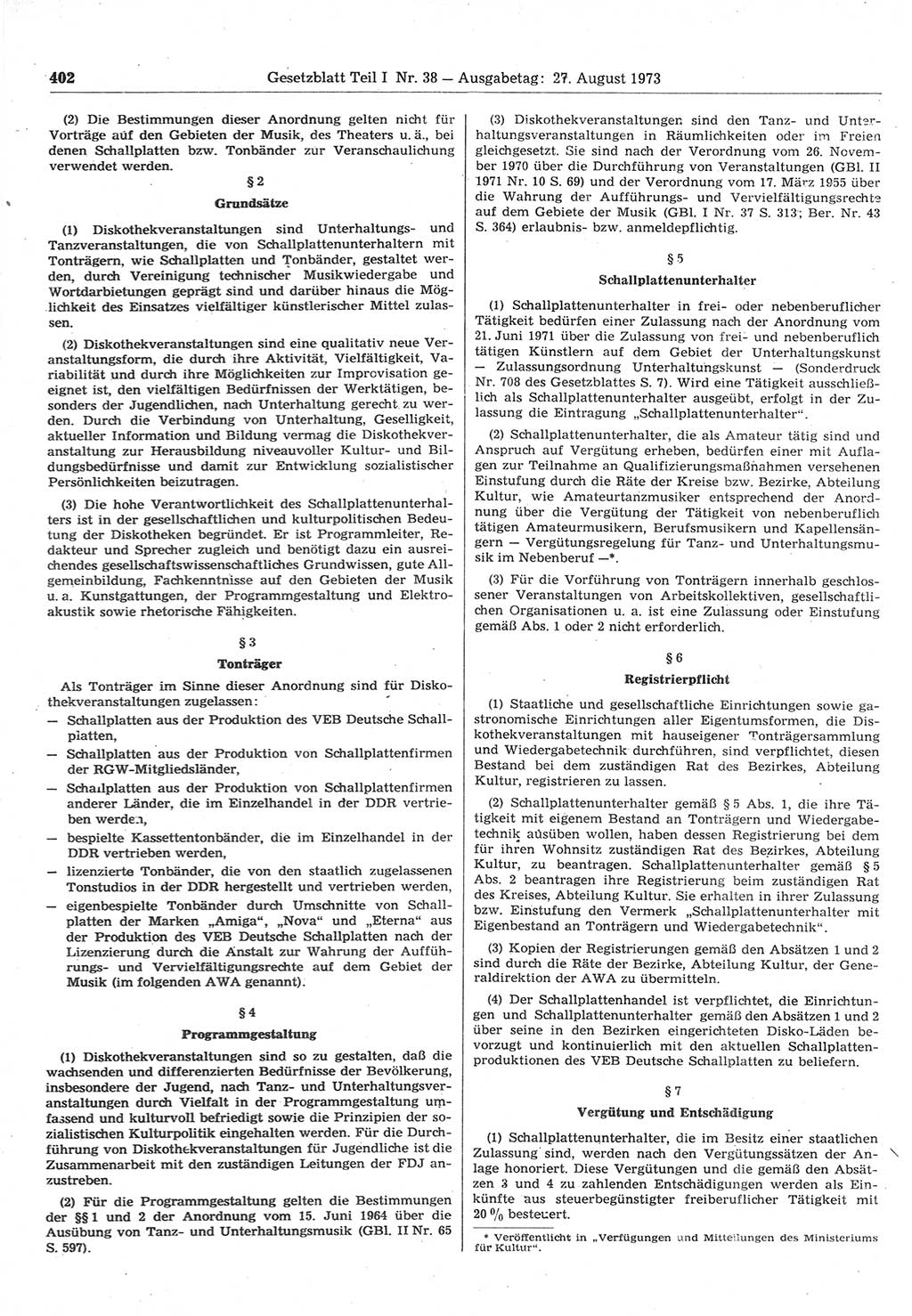 Gesetzblatt (GBl.) der Deutschen Demokratischen Republik (DDR) Teil Ⅰ 1973, Seite 402 (GBl. DDR Ⅰ 1973, S. 402)