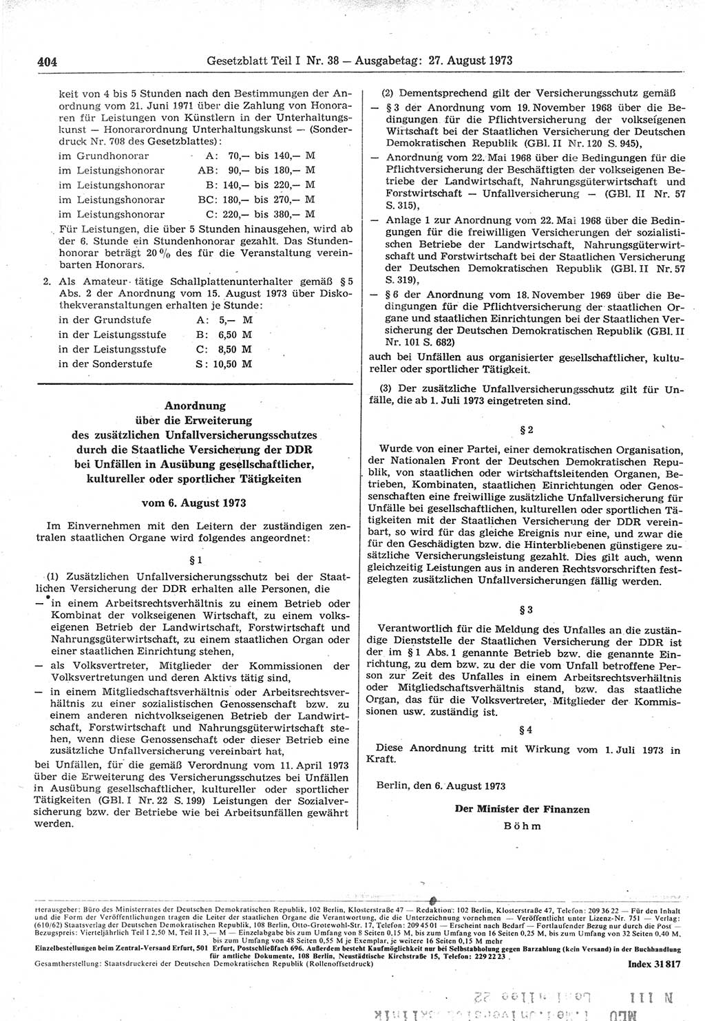 Gesetzblatt (GBl.) der Deutschen Demokratischen Republik (DDR) Teil Ⅰ 1973, Seite 404 (GBl. DDR Ⅰ 1973, S. 404)