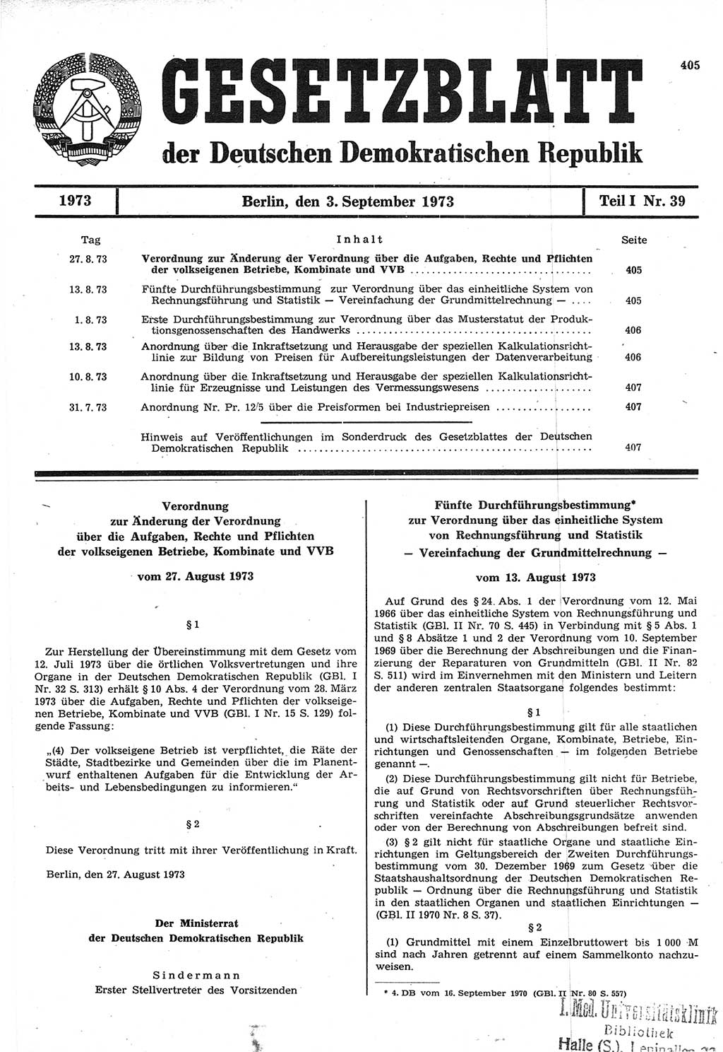 Gesetzblatt (GBl.) der Deutschen Demokratischen Republik (DDR) Teil Ⅰ 1973, Seite 405 (GBl. DDR Ⅰ 1973, S. 405)