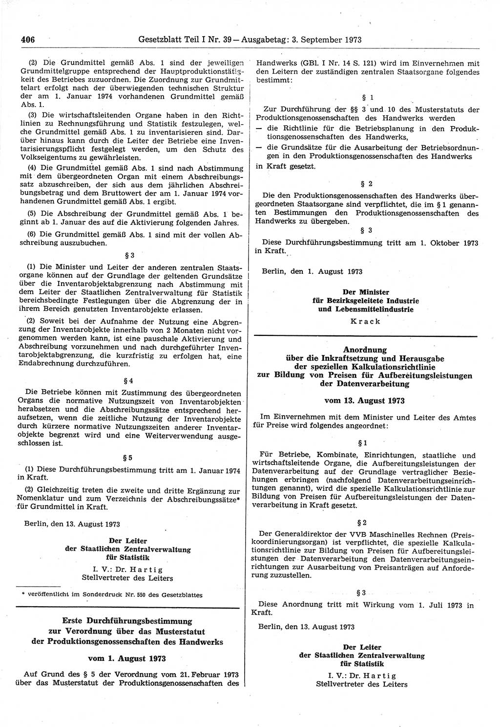 Gesetzblatt (GBl.) der Deutschen Demokratischen Republik (DDR) Teil Ⅰ 1973, Seite 406 (GBl. DDR Ⅰ 1973, S. 406)