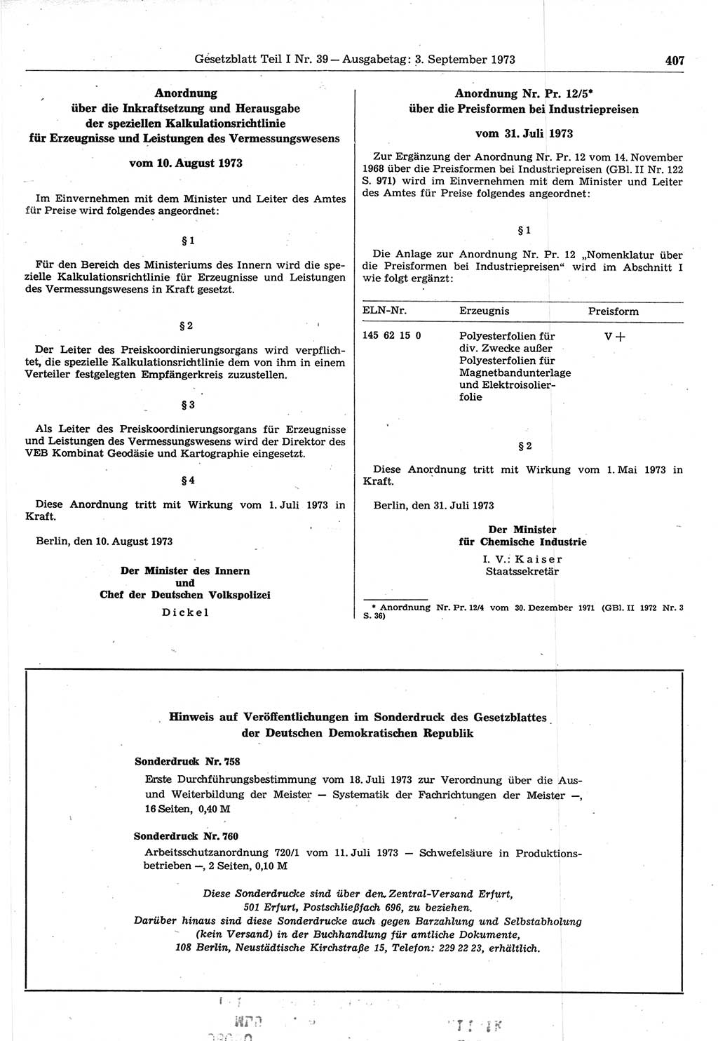 Gesetzblatt (GBl.) der Deutschen Demokratischen Republik (DDR) Teil Ⅰ 1973, Seite 407 (GBl. DDR Ⅰ 1973, S. 407)